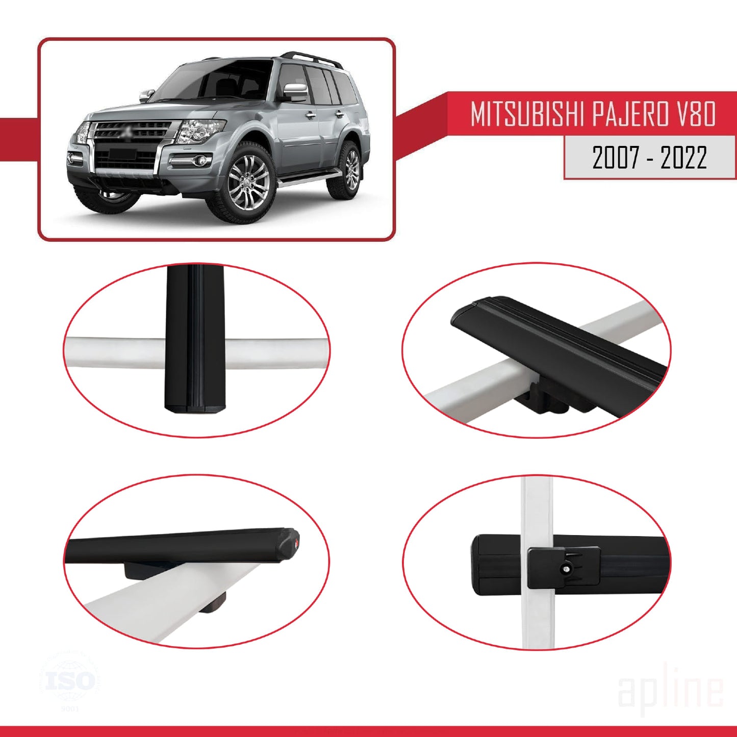 Compatible avec Mitsubishi Pajero (V80) 2007-2022 BASIC Model Barres de Toit Railing Porte-Bagages de Voiture Noir Aluminium 3 Barres