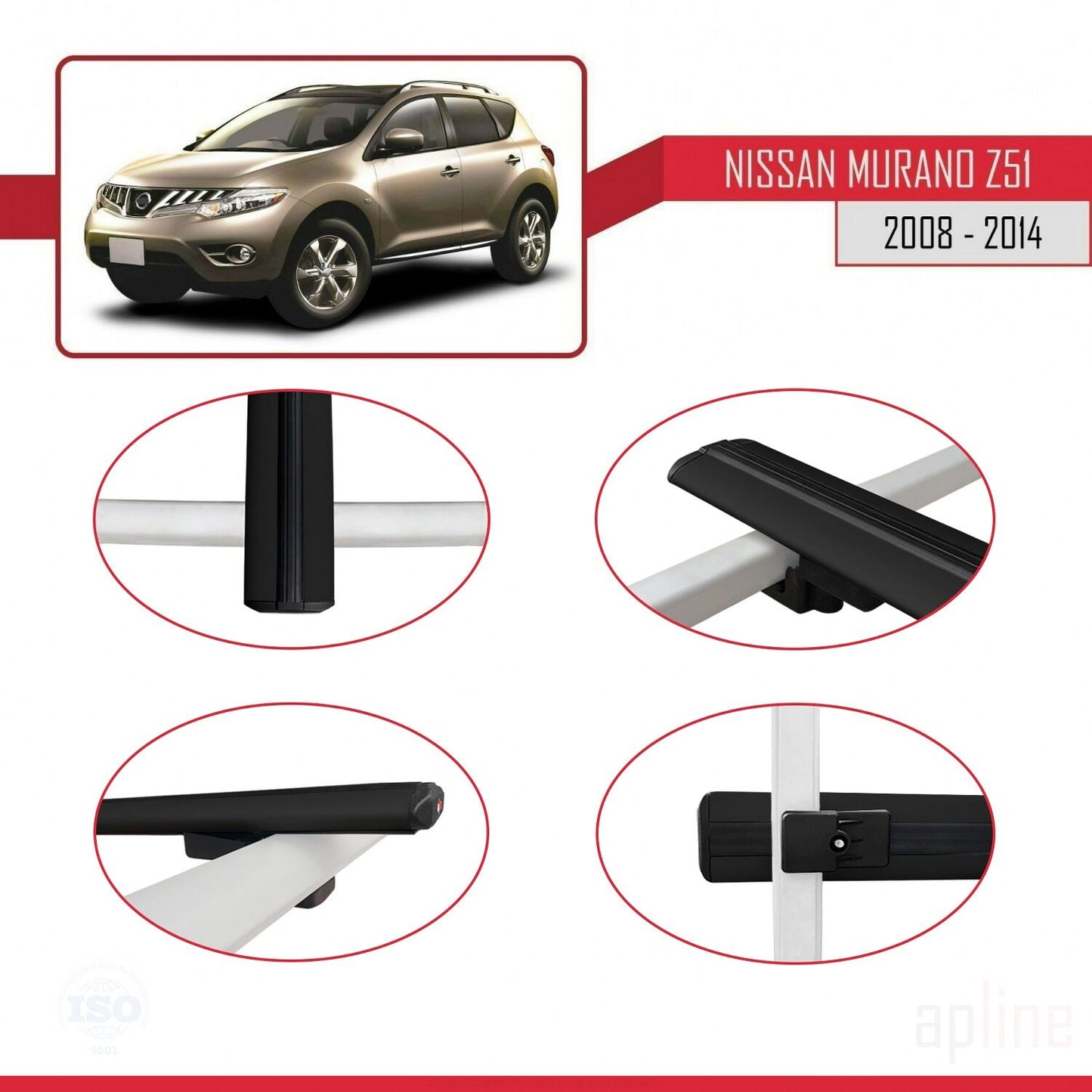 Compatible avec Nissan Murano 2 (Z51) 2008-2014 BASIC Model Barres de Toit Railing Porte-Bagages de Voiture Noir Aluminium 3 Barres