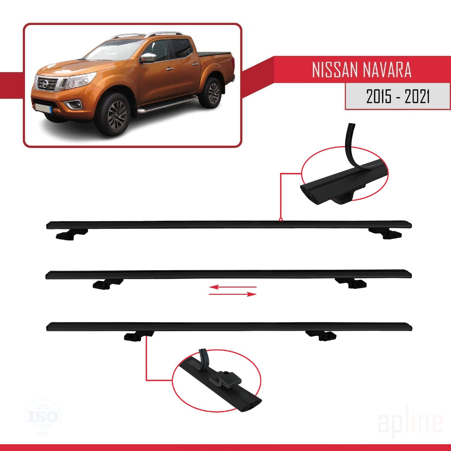 Compatible avec Nissan Navara 4 (D23) 2015-2021 BASIC Model Barres de Toit Railing Porte-Bagages de Voiture Noir Aluminium 2 Barres