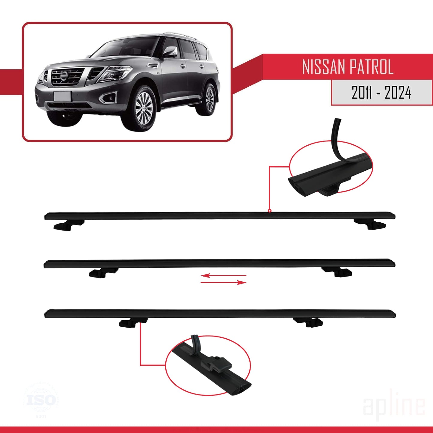 Compatible avec Nissan Patrol 6 (Y62) 2011-2024 BASIC Model Barres de Toit Railing Porte-Bagages de Voiture Noir Aluminium 2 Barres