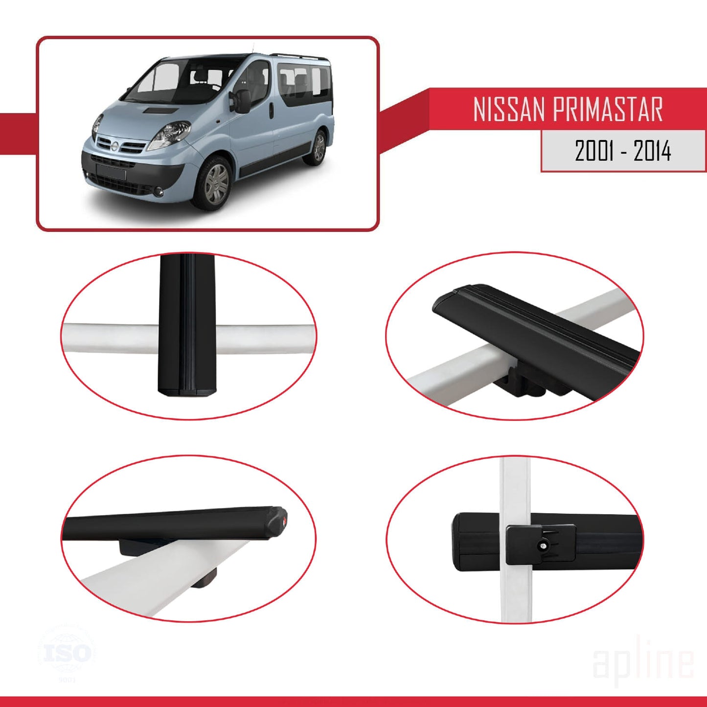 Compatible avec Nissan Primastar 2001-2014 BASIC Model Barres de Toit Railing Porte-Bagages de Voiture Noir Aluminium 4 Barres