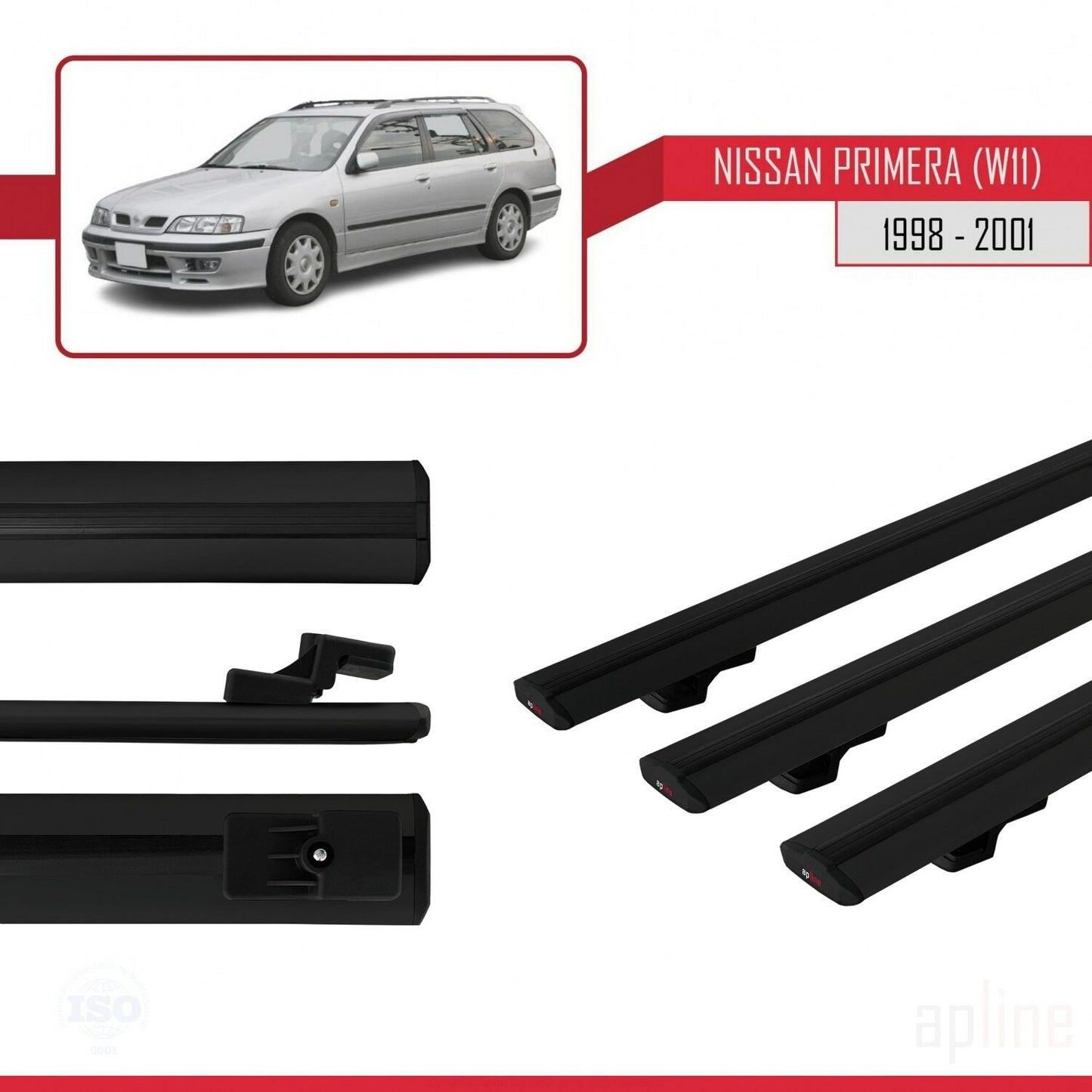 Compatible avec Nissan Primera 2 (W11) Traveller 1998-2001 BASIC Model Barres de Toit Railing Porte-Bagages de Voiture Noir Aluminium 3 Barres