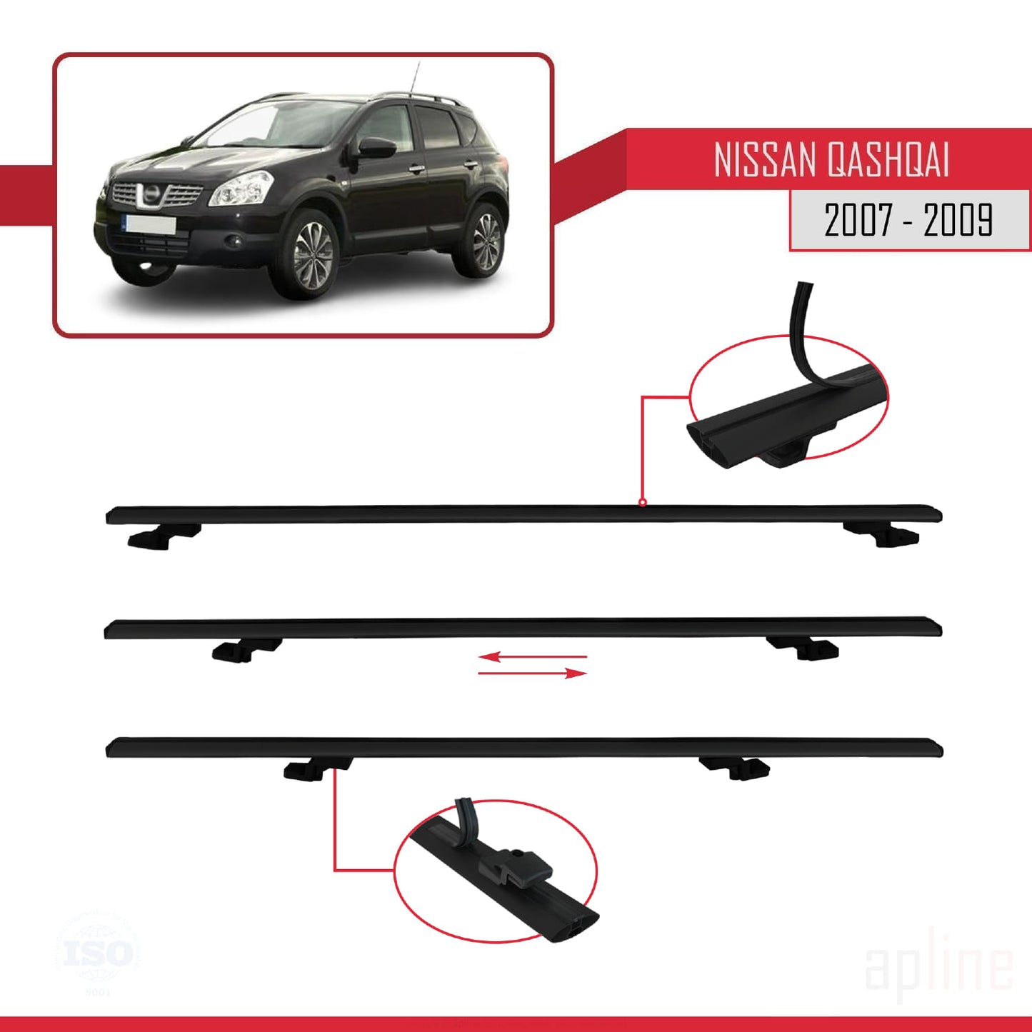 Compatible avec Nissan Qashqai (J10) Pre-Facelift 2007-2009 BASIC Model Barres de Toit Railing Porte-Bagages de Voiture Noir Aluminium 3 Barres