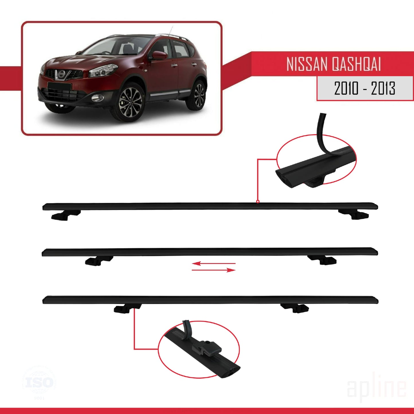 Compatible avec Nissan Qashqai (J10) Post-Facelift 2010-2013 BASIC Model Barres de Toit Railing Porte-Bagages de Voiture Noir Aluminium 3 Barres