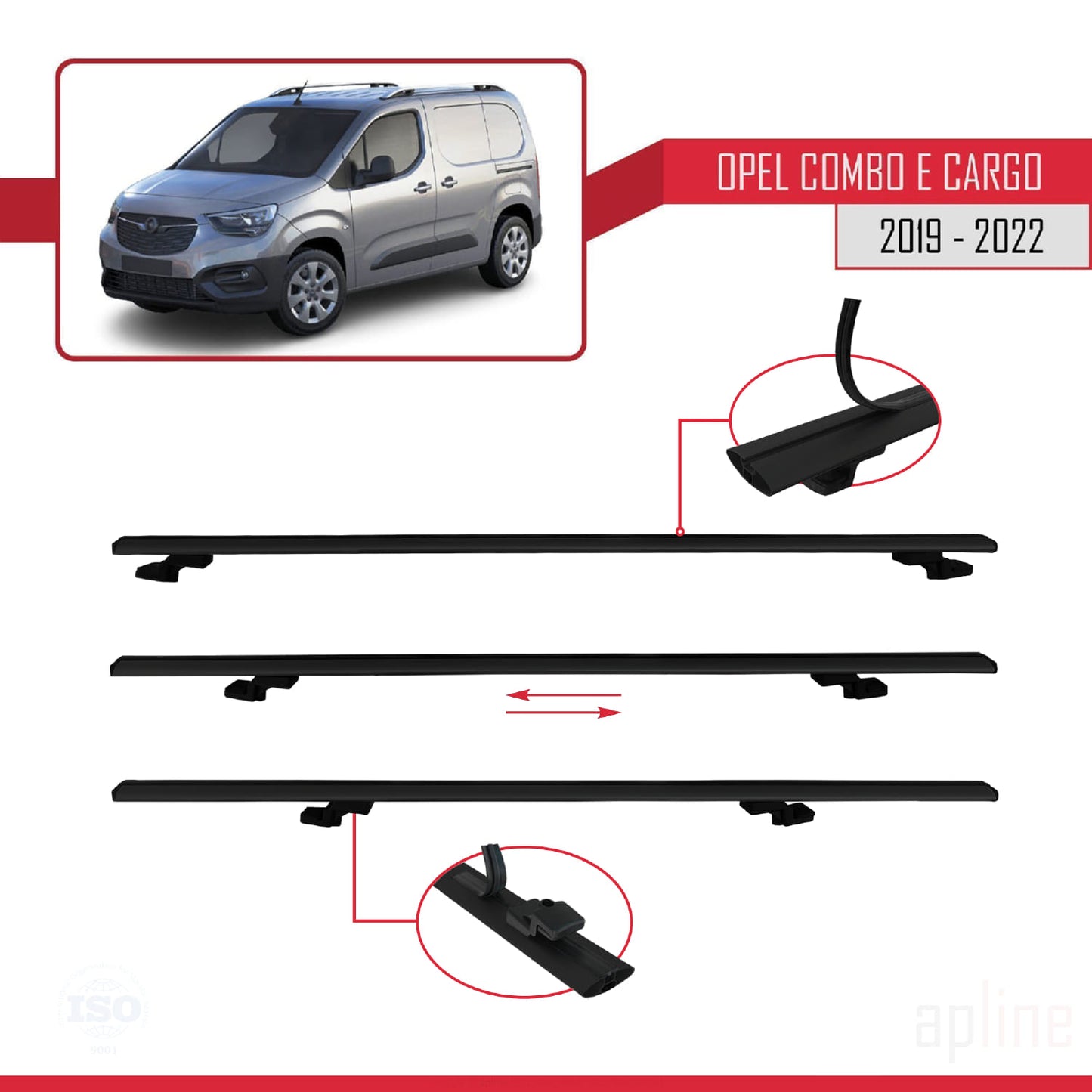Compatible avec Opel Combo E Cargo 2019-2022 BASIC Model Barres de Toit Railing Porte-Bagages de Voiture Noir Aluminium 3 Barres