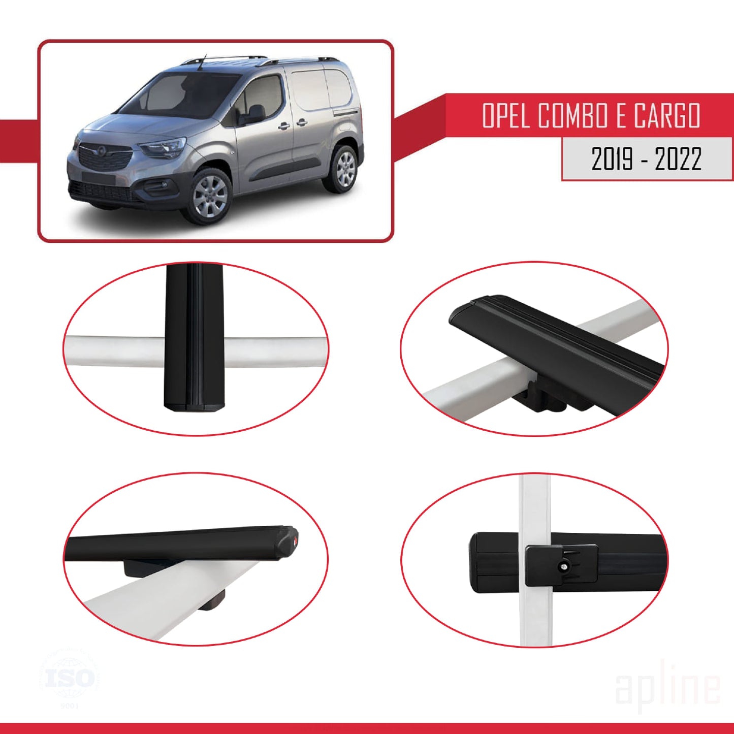 Compatible avec Opel Combo E Cargo 2019-2022 BASIC Model Barres de Toit Railing Porte-Bagages de Voiture Noir Aluminium 4 Barres