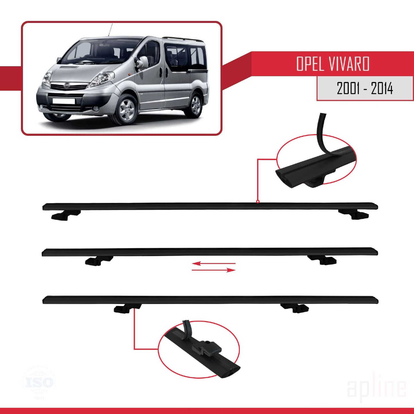 Compatible avec Opel Vivaro A 2001-2014 BASIC Model Barres de Toit Railing Porte-Bagages de Voiture Noir Aluminium 4 Barres