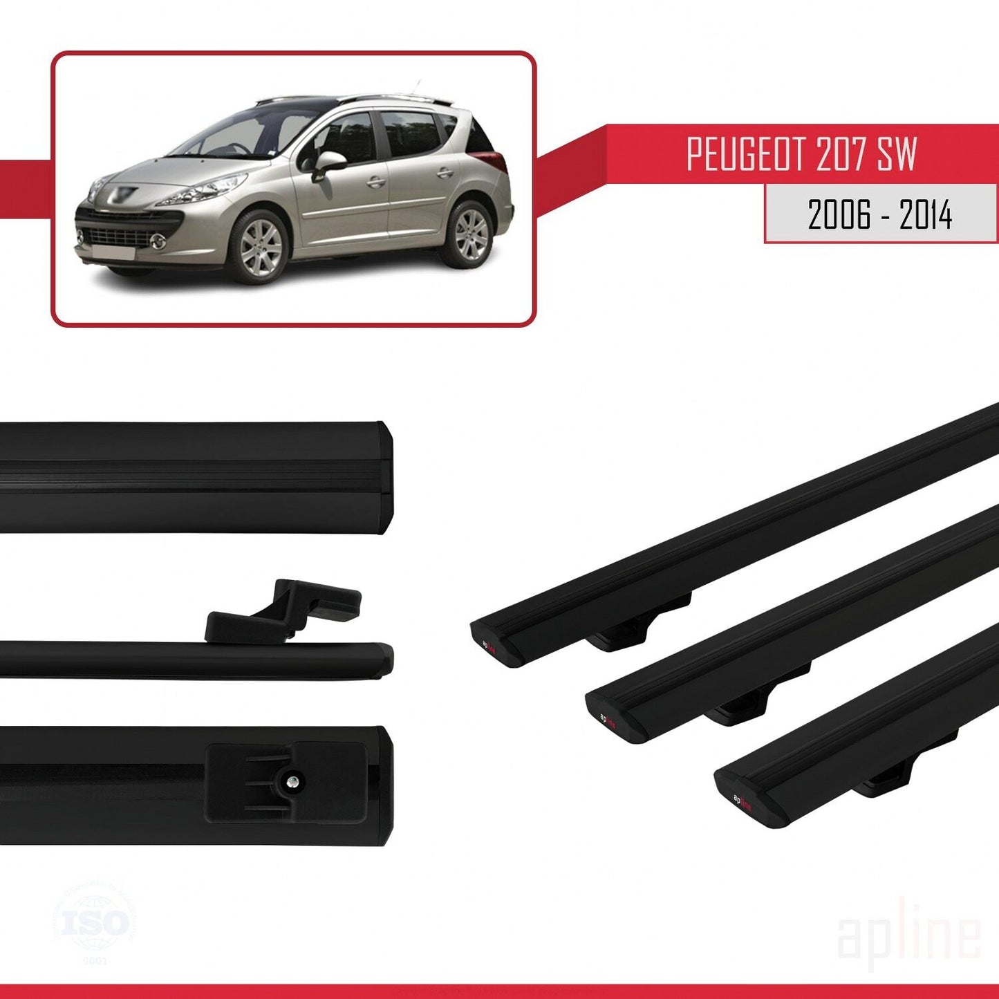 Compatible avec Peugeot 207 Break 2006-2014 BASIC Model Barres de Toit Railing Porte-Bagages de Voiture Noir Aluminium 3 Barres