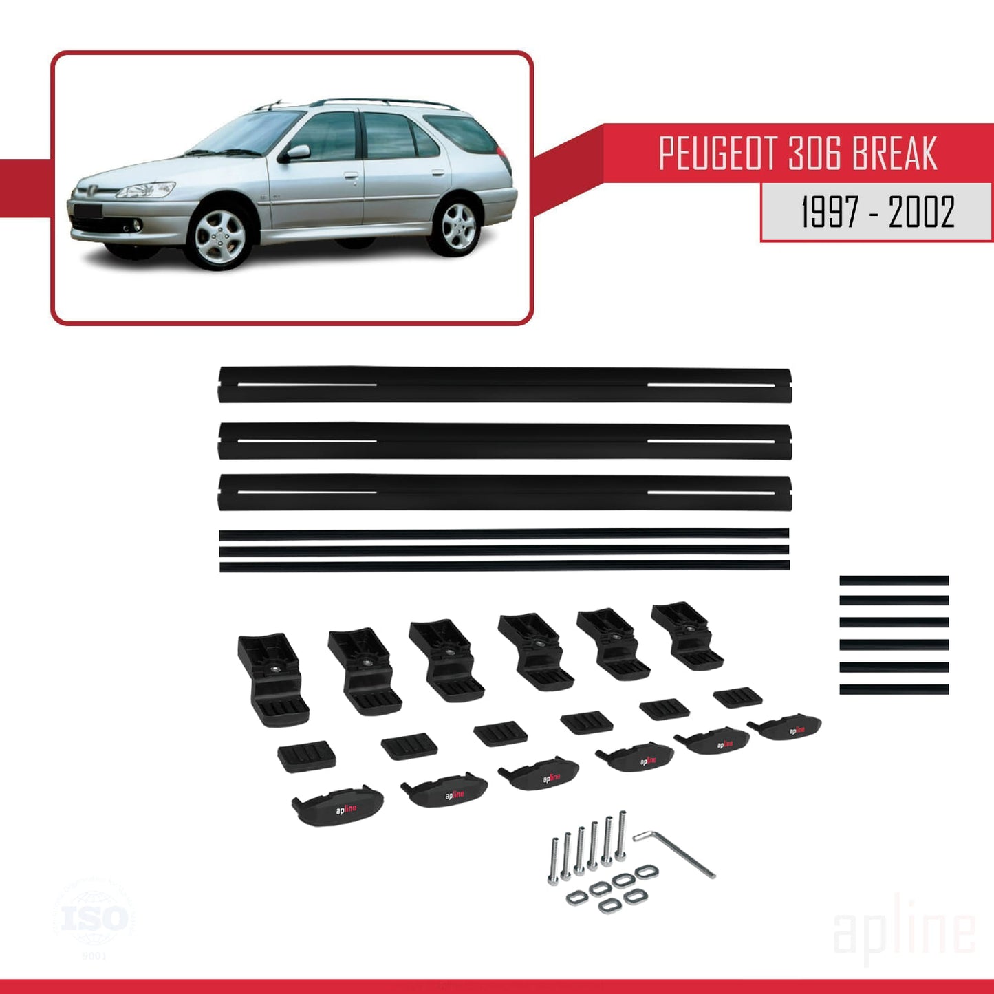 Compatible with Peugeot 306 SW 1997-2002 BASIC Model Car Roof Rack Cross Bar Black Aluminium 3 Bars