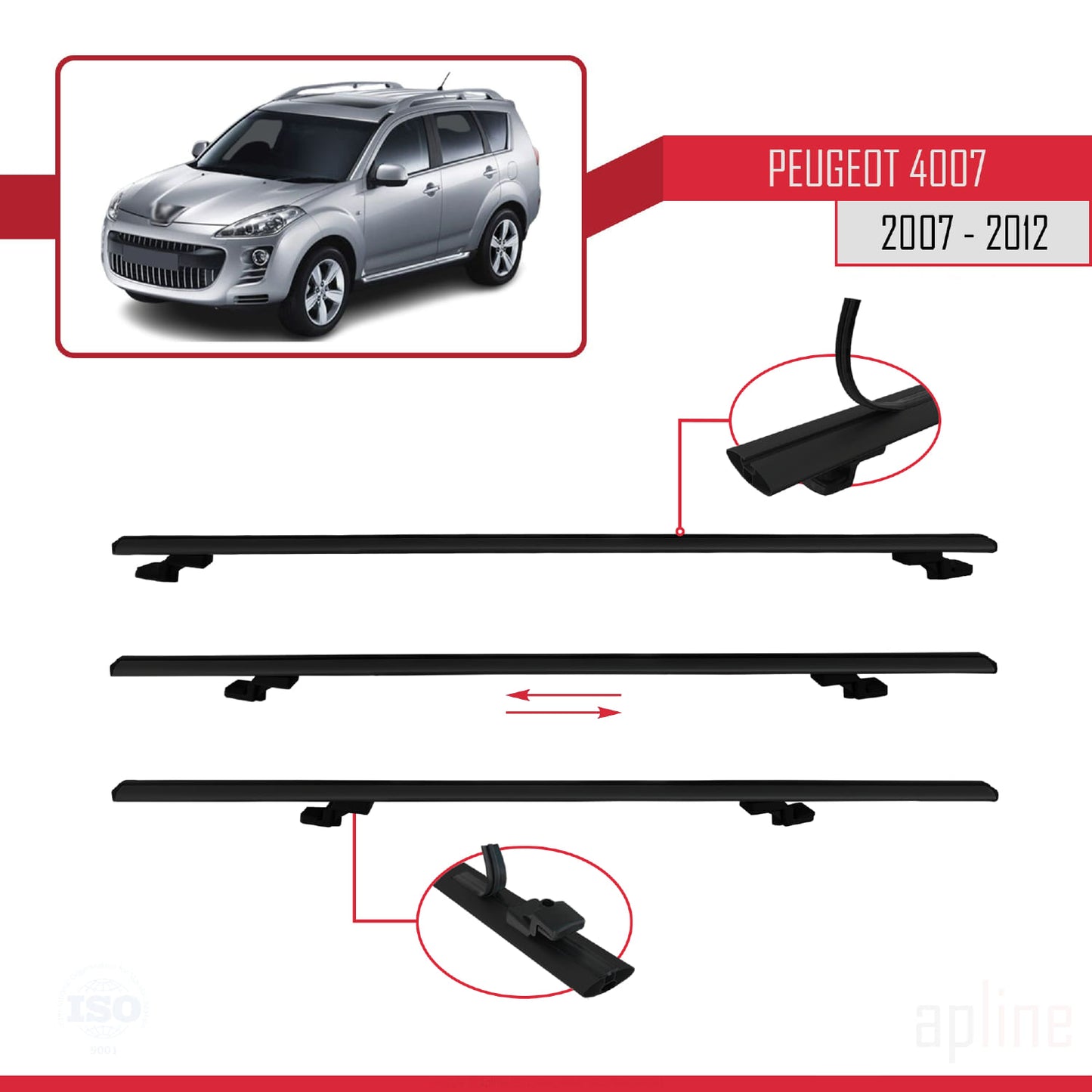 Compatibile con Peugeot 4007 2007-2012 BASIC Model Barre Tetto Portapacchi Auto Barre Portatutto Nero Alluminio 2 Barre