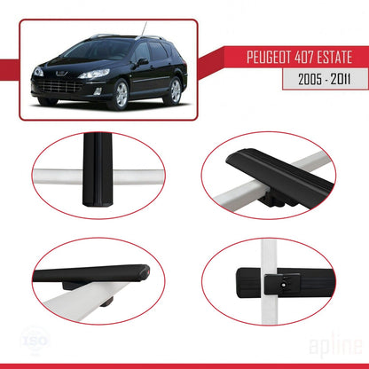 Compatible with Peugeot 407 SW 2005-2011 BASIC Model Car Roof Rack Cross Bar Black Aluminium 3 Bars