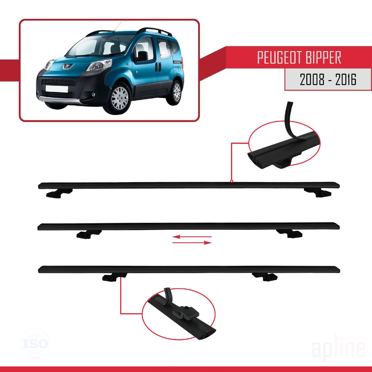 Compatible with Peugeot Bipper 2008-2017 BASIC Model Car Roof Rack Cross Bar Black Aluminium 4 Bars