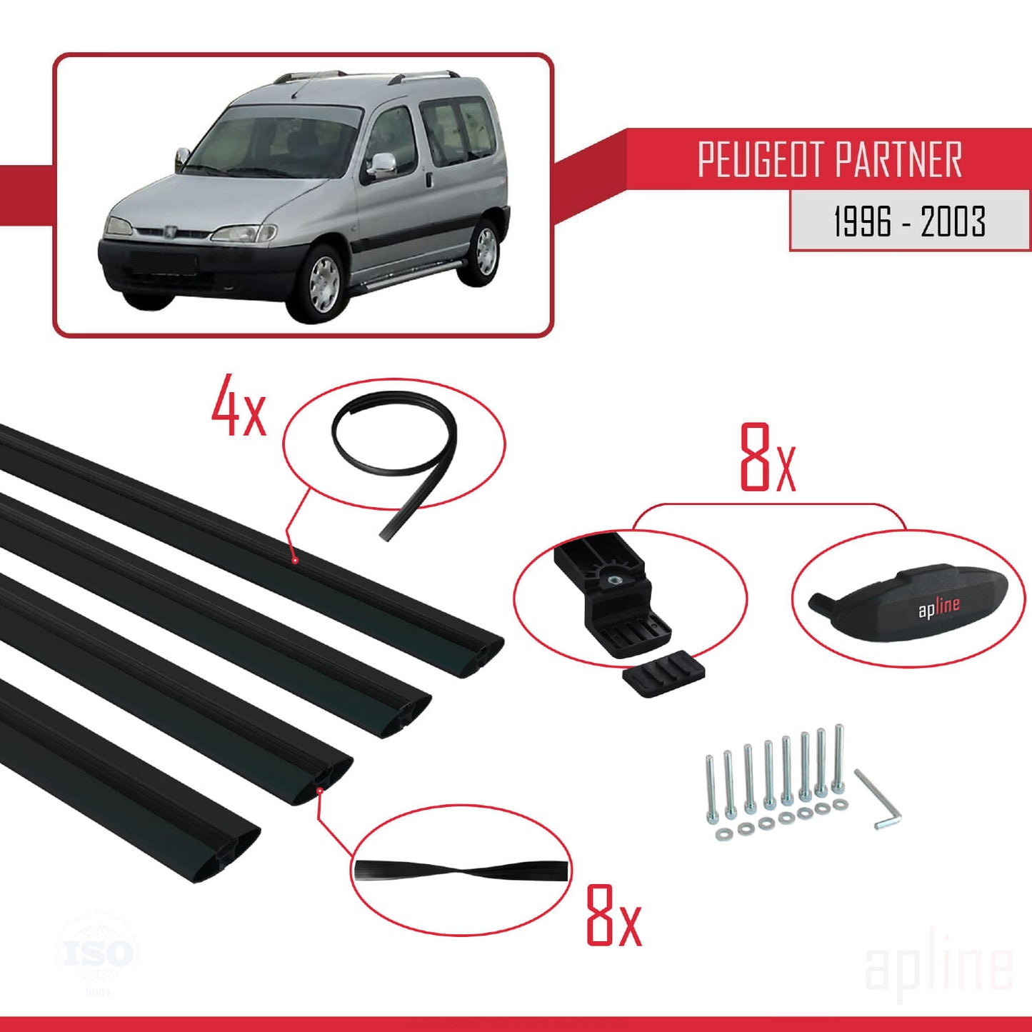 Compatible avec Peugeot Partner Pre-Facelift 1996-2003 BASIC Model Barres de Toit Railing Porte-Bagages de Voiture Noir Aluminium 4 Barres