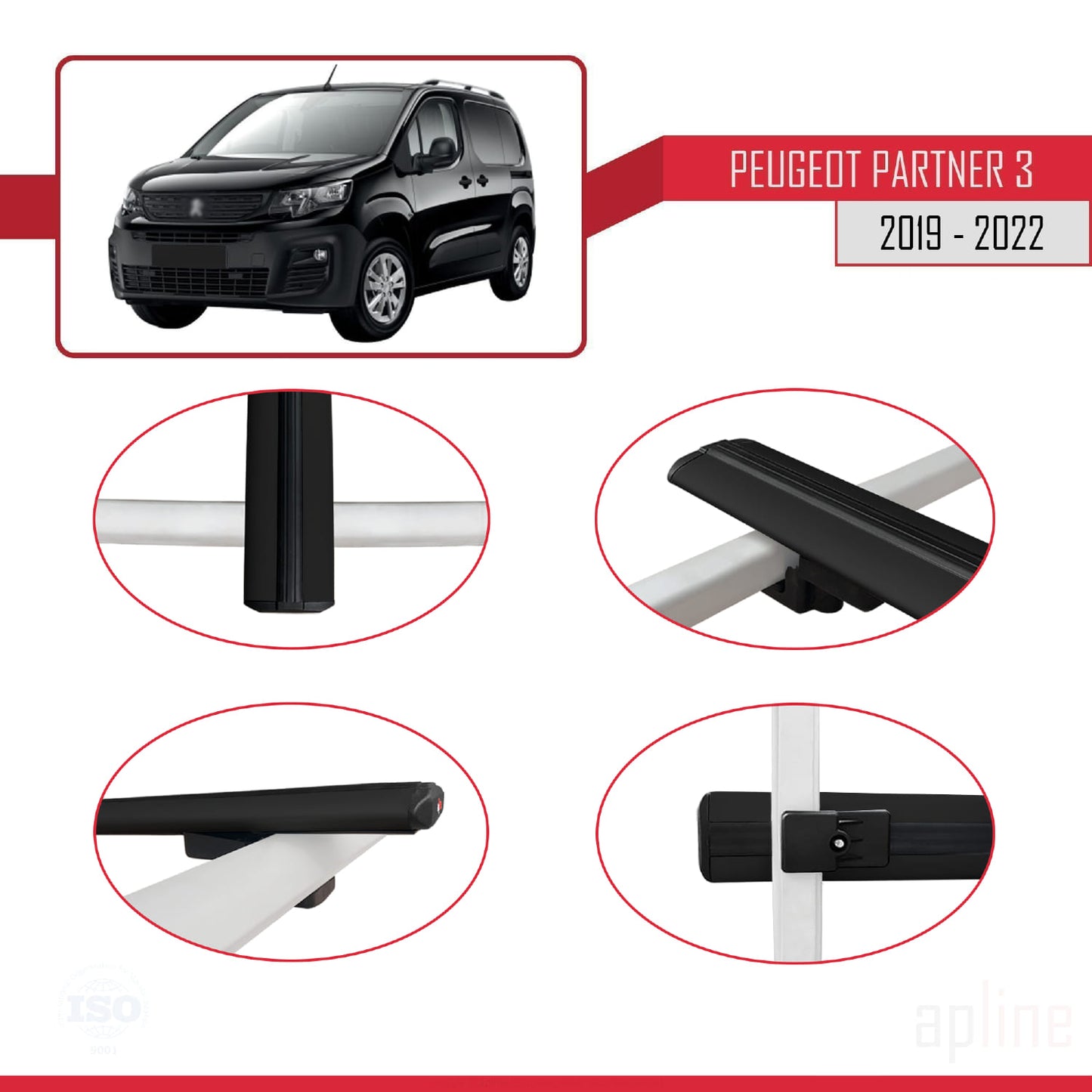 Compatible avec Peugeot Partner 3 2019-2022 BASIC Model Barres de Toit Railing Porte-Bagages de Voiture Noir Aluminium 4 Barres