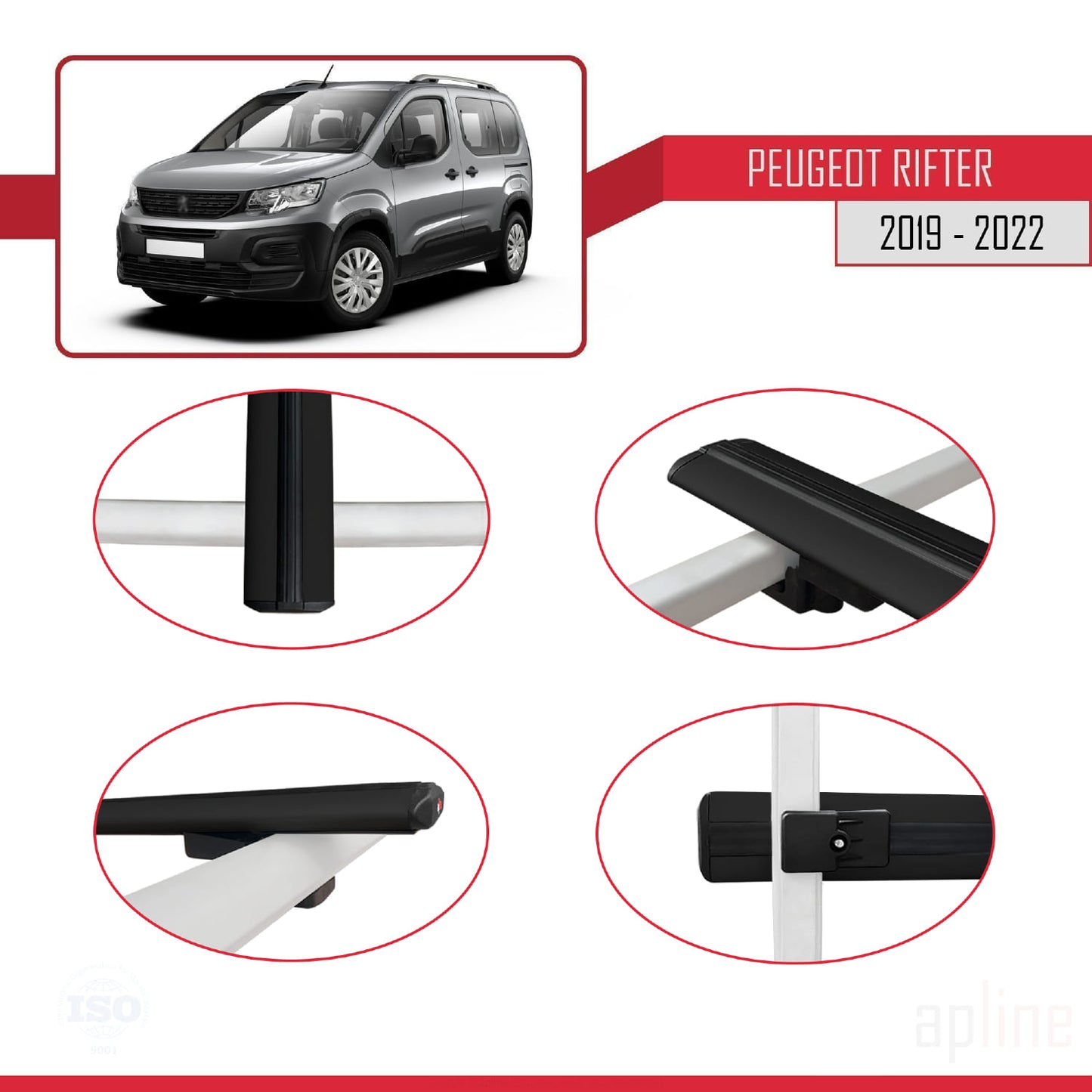 Compatible avec Peugeot Rifter 2019-2022 BASIC Model Barres de Toit Railing Porte-Bagages de Voiture Noir Aluminium 3 Barres