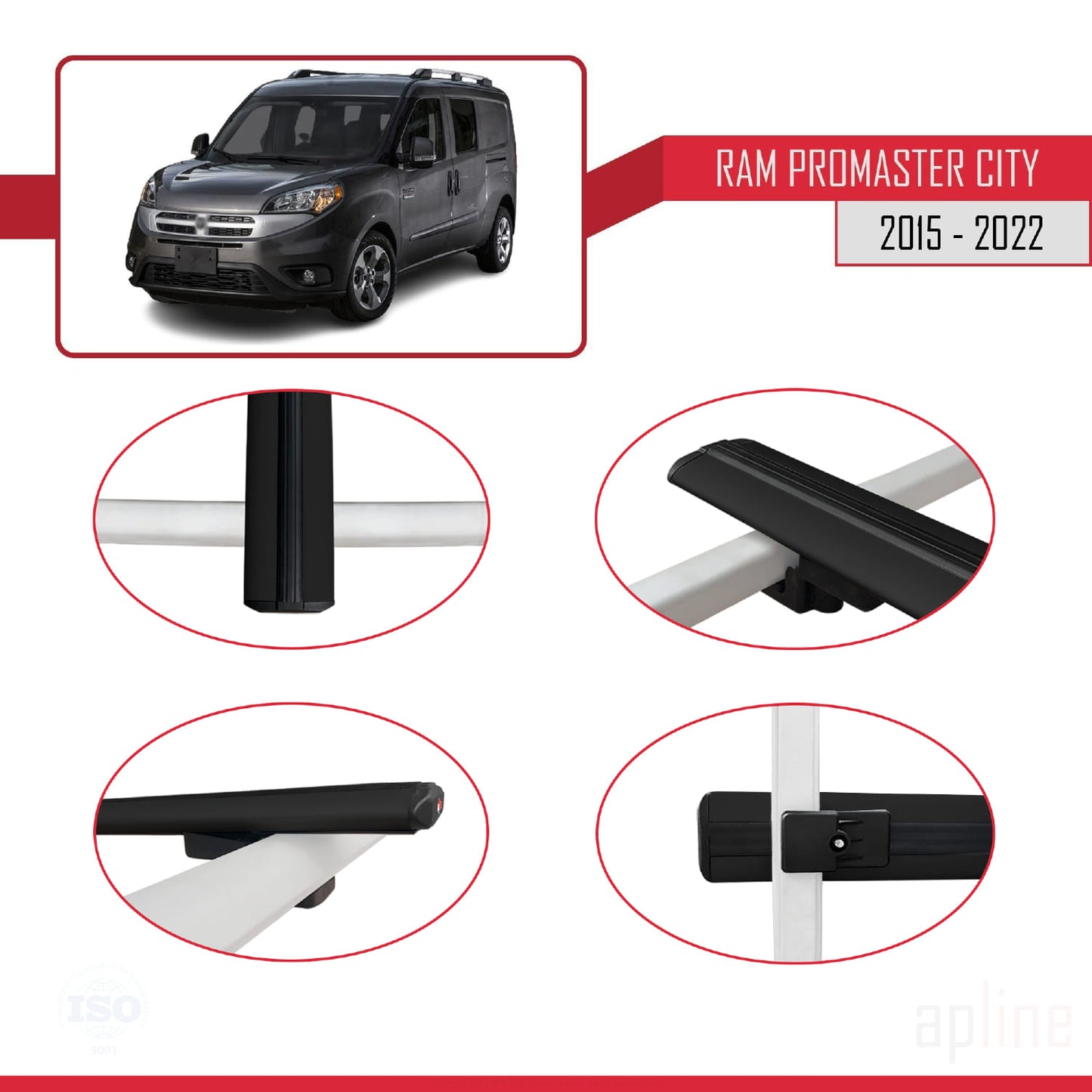 Compatible with Ram Promaster City (636) 2015-2022 BASIC Model Car Roof Rack Cross Bar Black Aluminium 3 Bars