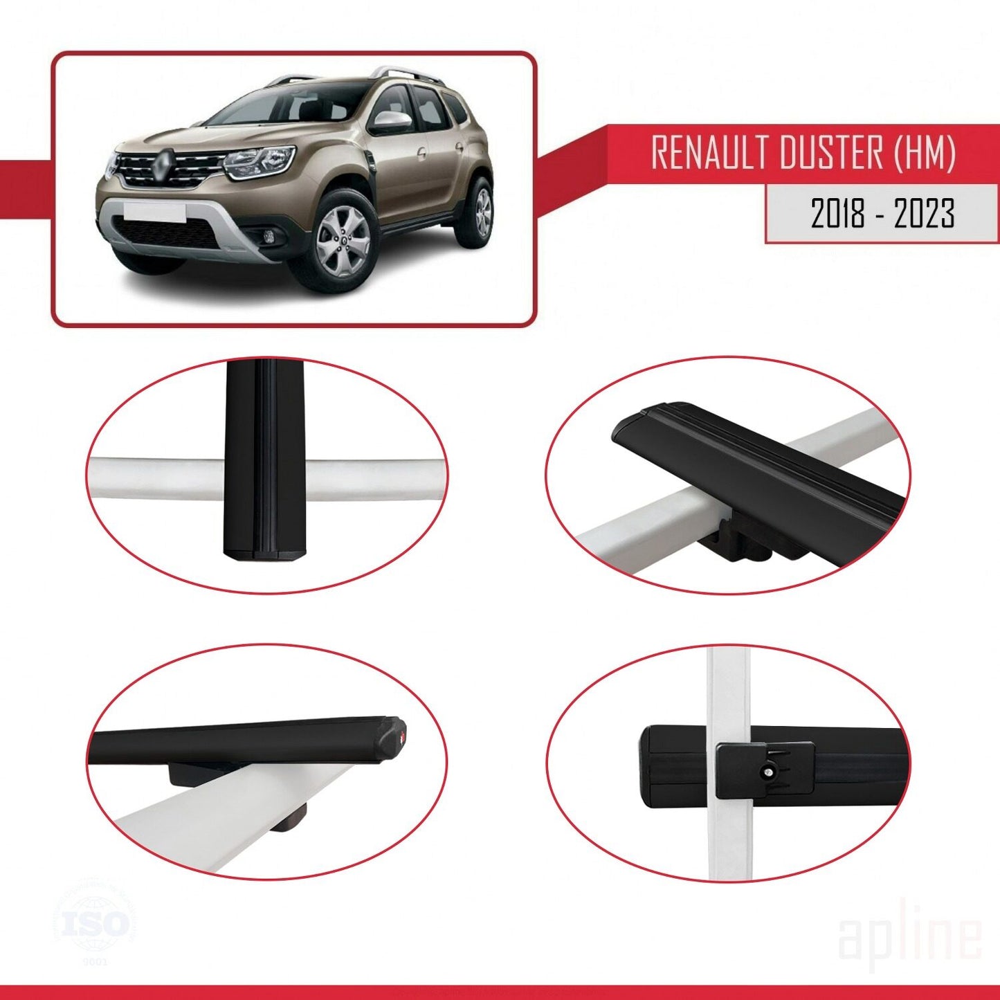 Compatible with Renault Duster 2 (HM) 2018-2024 BASIC Model Car Roof Rack Cross Bar Black Aluminium 2 Bars