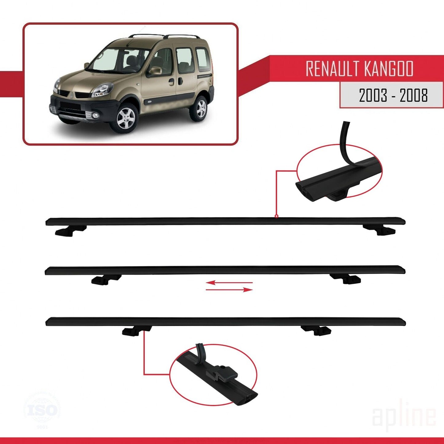 Compatible avec Renault Kangoo (X76) Post-Facelift 2003-2008 BASIC Model Barres de Toit Railing Porte-Bagages de Voiture Noir Aluminium 3 Barres