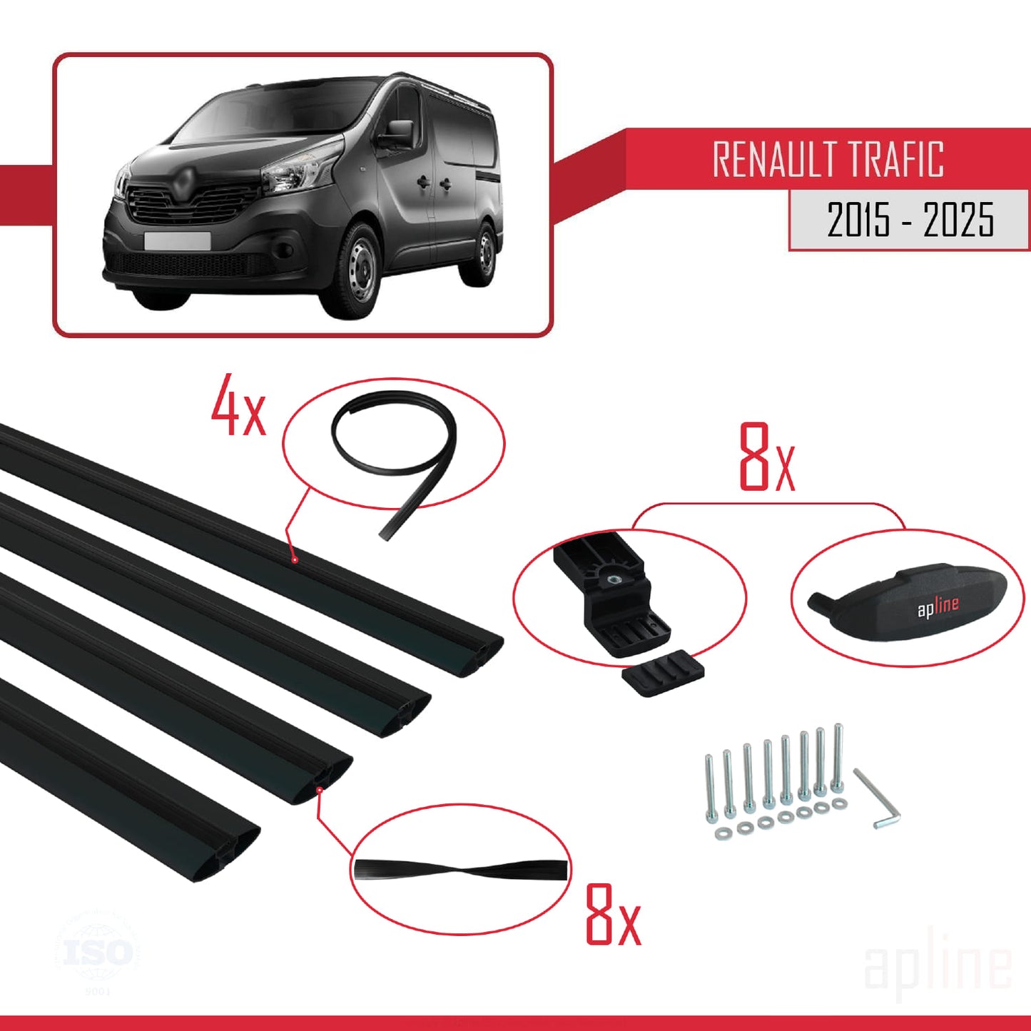 Compatible avec Renault Trafic 3 (X82) 2015-2025 BASIC Model Barres de Toit Railing Porte-Bagages de Voiture Noir Aluminium 4 Barres