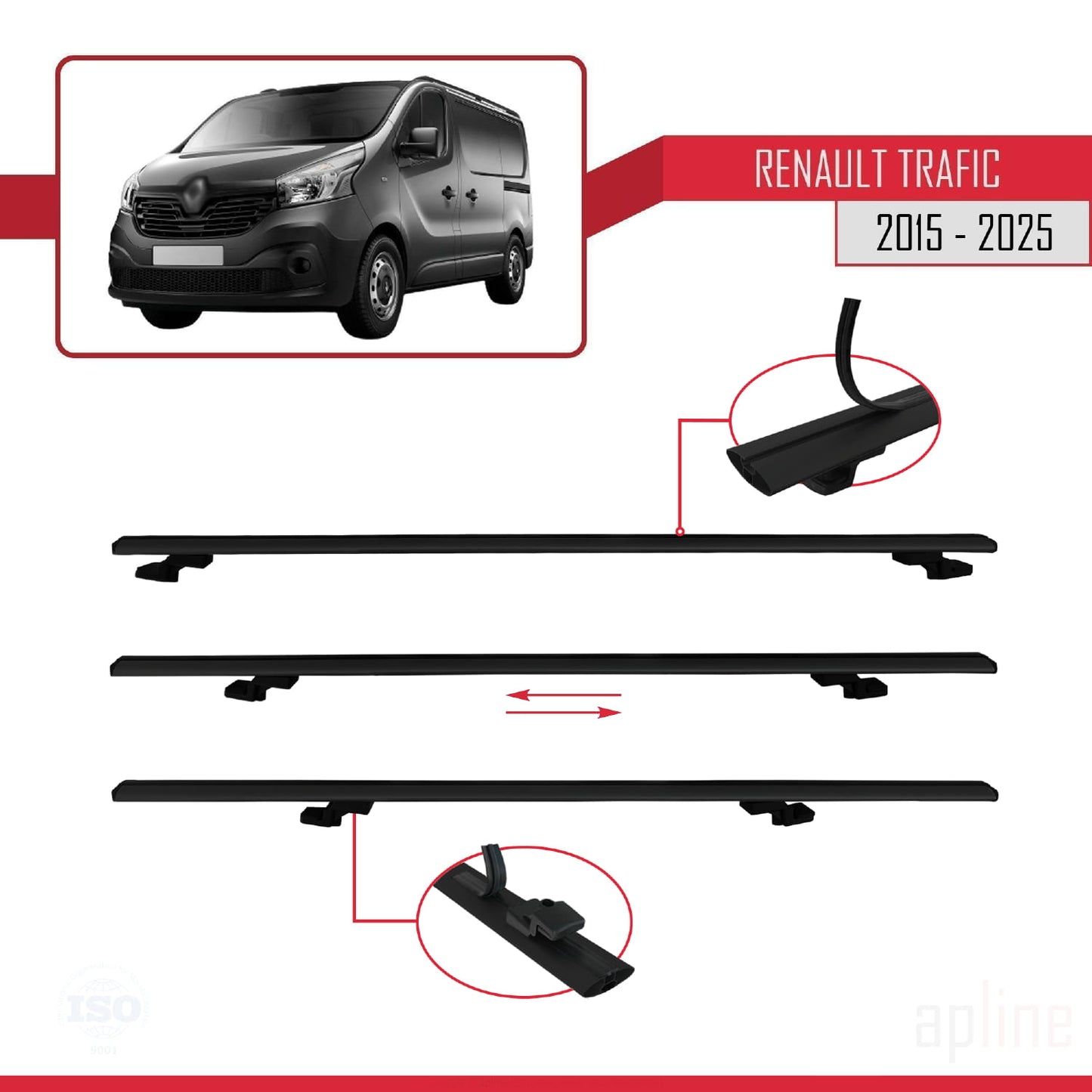 Compatible avec Renault Trafic 3 (X82) 2015-2025 BASIC Model Barres de Toit Railing Porte-Bagages de Voiture Noir Aluminium 2 Barres