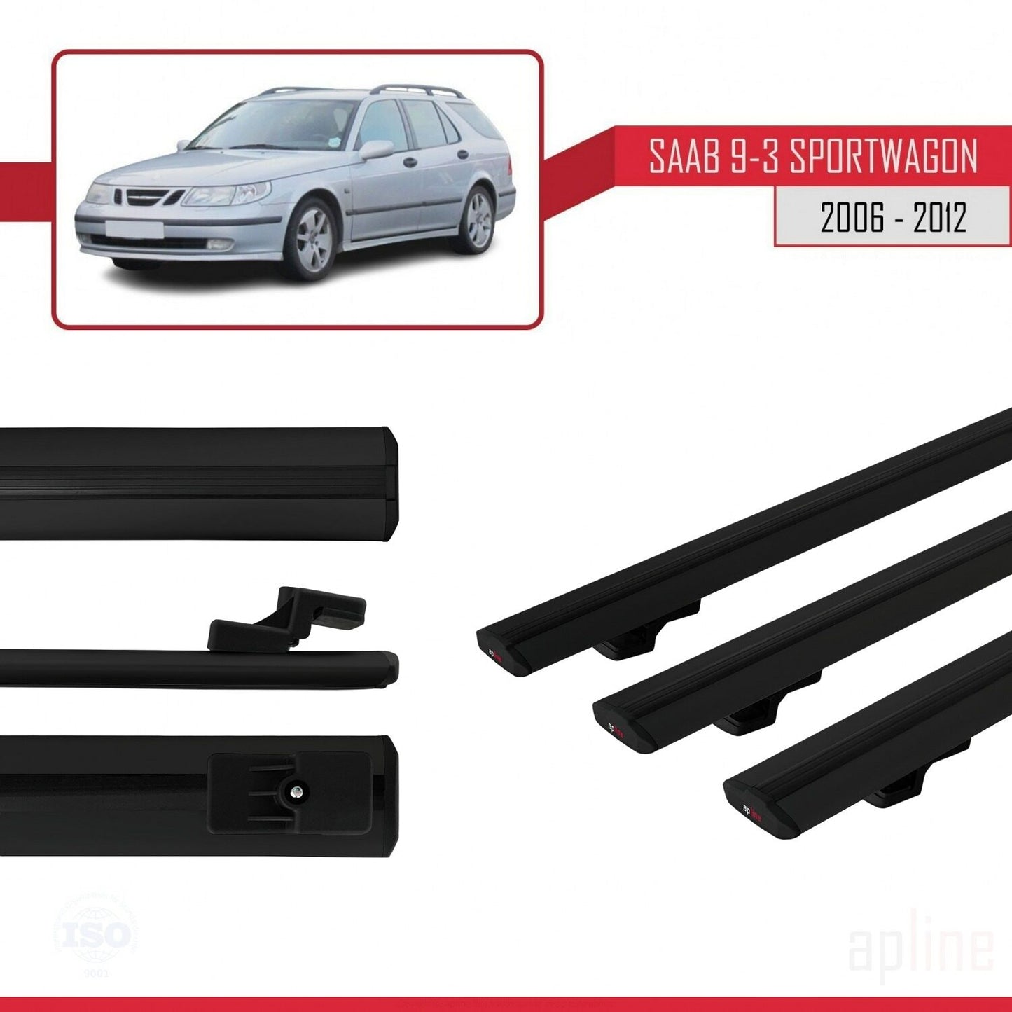 Compatible avec Saab 9-3 II Break 2006-2012 BASIC Model Barres de Toit Railing Porte-Bagages de Voiture Noir Aluminium 3 Barres