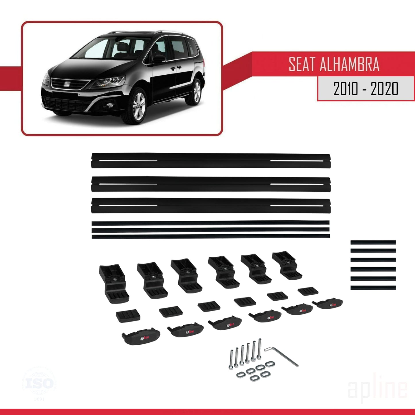 Compatible avec Seat Alhambra 2 (7N) 2010-2020 BASIC Model Barres de Toit Railing Porte-Bagages de Voiture Noir Aluminium 3 Barres