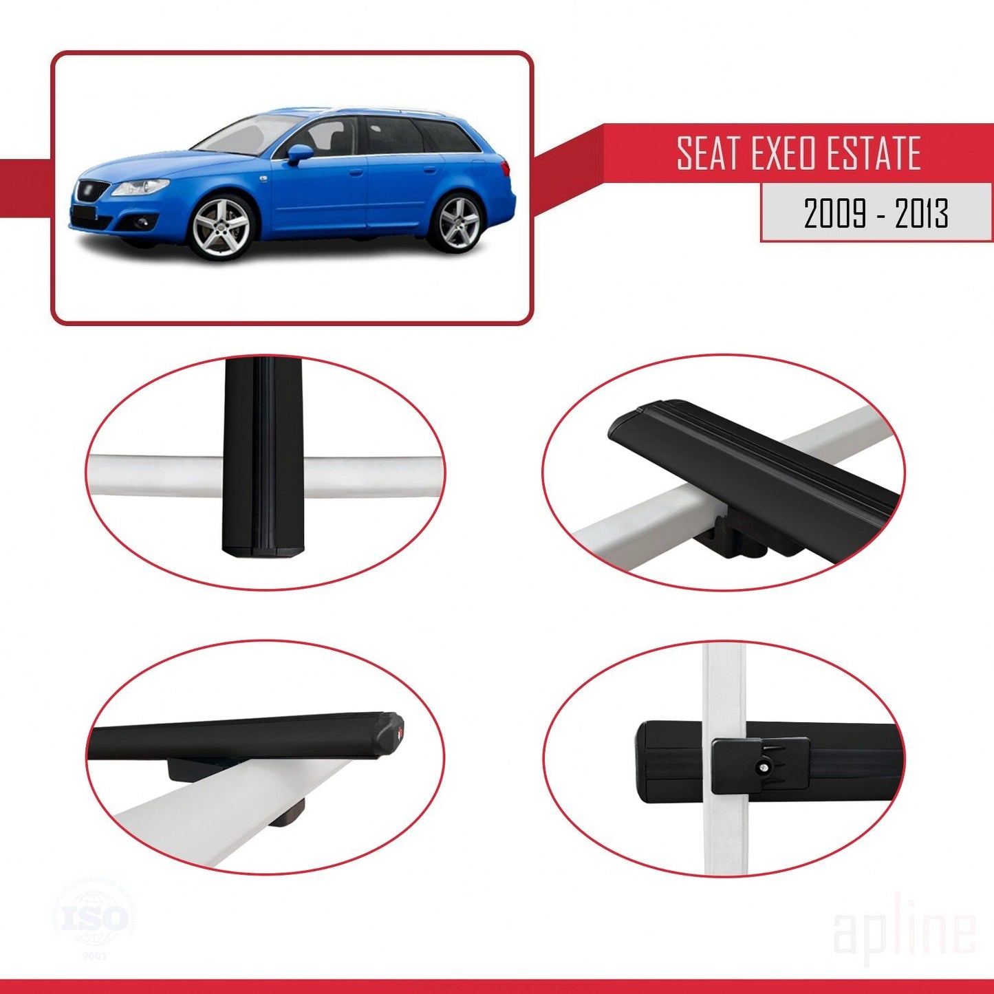 Compatible with Seat Exeo (3R9) ST 2009-2013 BASIC Model Car Roof Rack Cross Bar Black Aluminium 3 Bars