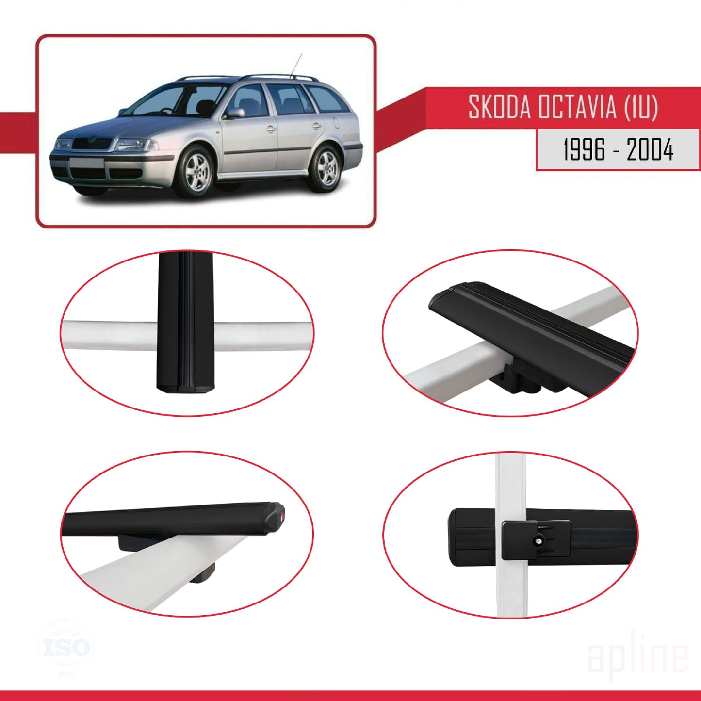 Compatible with Skoda Octavia (1U) 1996-2004 BASIC Model Car Roof Rack Cross Bar Black Aluminium 2 Bars