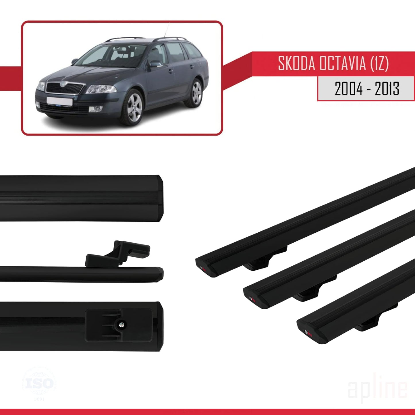 Compatibile con Skoda Octavia 2 (1Z) 2004-2013 BASIC Model Barre Tetto Portapacchi Auto Barre Portatutto Nero Alluminio 3 Barre