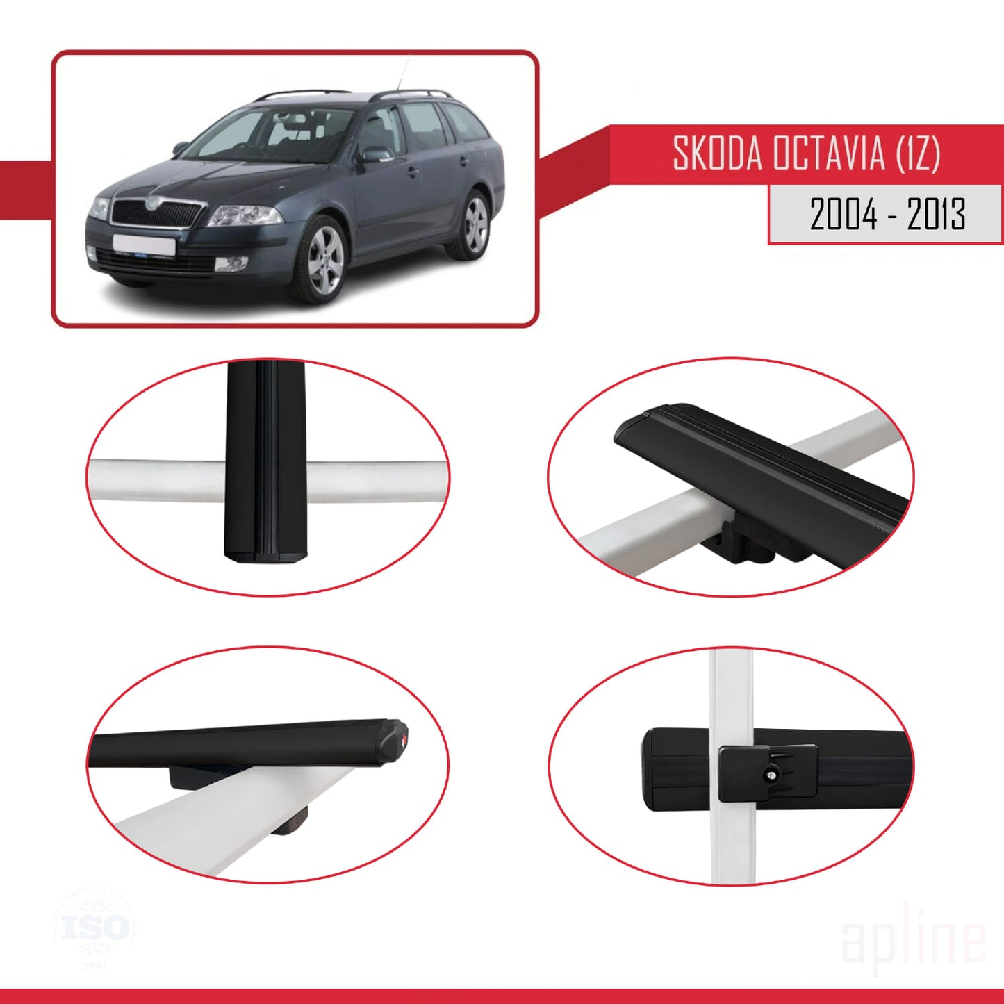 Compatibile con Skoda Octavia 2 (1Z) 2004-2013 BASIC Model Barre Tetto Portapacchi Auto Barre Portatutto Nero Alluminio 3 Barre
