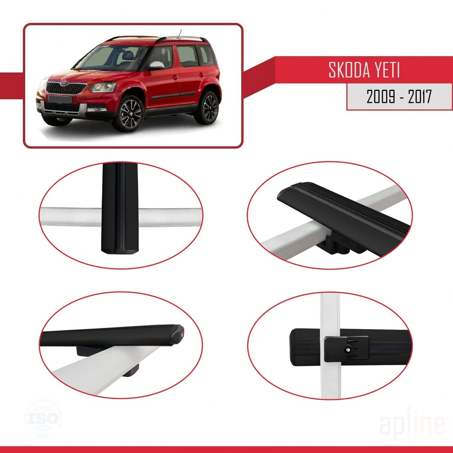 Compatible avec Skoda Yeti 2009-2017  BASIC Model Barres de Toit Railing Porte-Bagages de Voiture Noir Aluminium 2 Barres