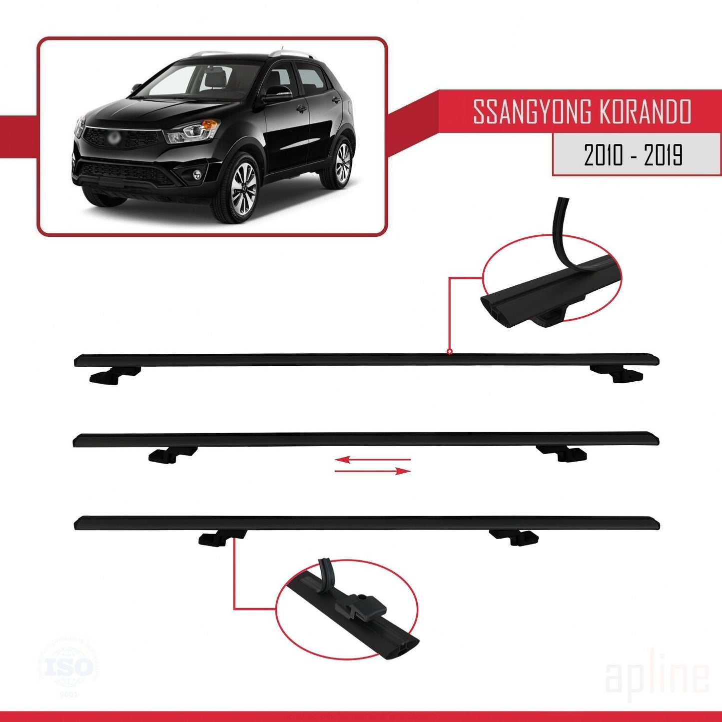 Compatible avec Ssangyong Korando 3 (C200) 2010-2019 BASIC Model Barres de Toit Railing Porte-Bagages de Voiture Noir Aluminium 3 Barres