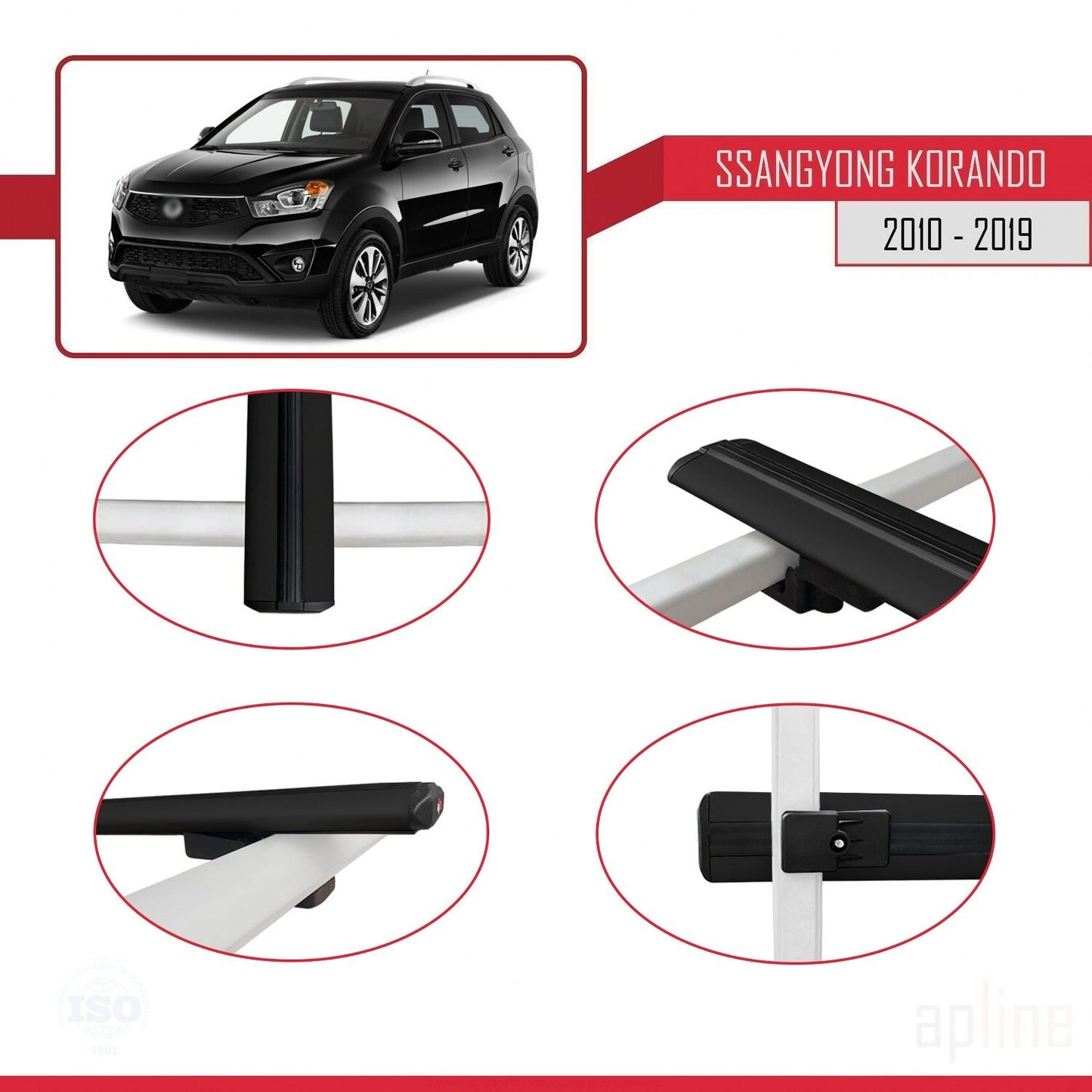 Compatible avec Ssangyong Korando 3 (C200) 2010-2019 BASIC Model Barres de Toit Railing Porte-Bagages de Voiture Noir Aluminium 2 Barres