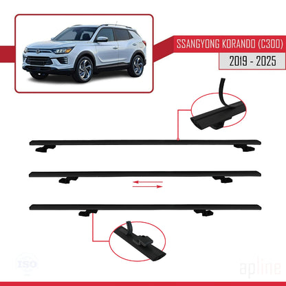 Compatible avec Ssangyong Korando 4 (C300) 2019-2025 BASIC Model Barres de Toit Railing Porte-Bagages de Voiture Noir Aluminium 3 Barres