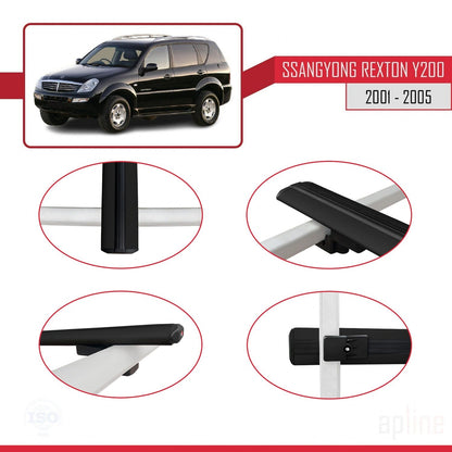 Compatible with Ssangyong Rexton (Y200) 2001-2005 BASIC Model Car Roof Rack Cross Bar Black Aluminium 3 Bars