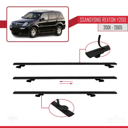 Compatible with Ssangyong Rexton (Y200) 2001-2005 BASIC Model Car Roof Rack Cross Bar Black Aluminium 3 Bars