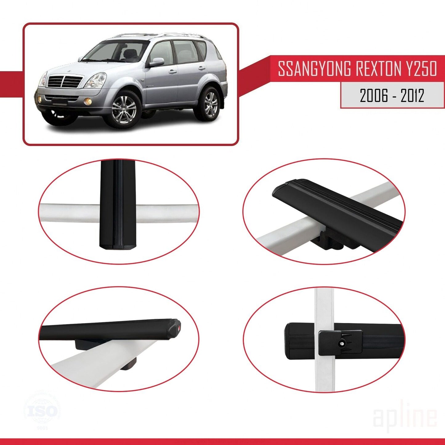 Compatible with Ssangyong Rexton (Y250) 2006-2012 BASIC Model Car Roof Rack Cross Bar Black Aluminium 2 Bars