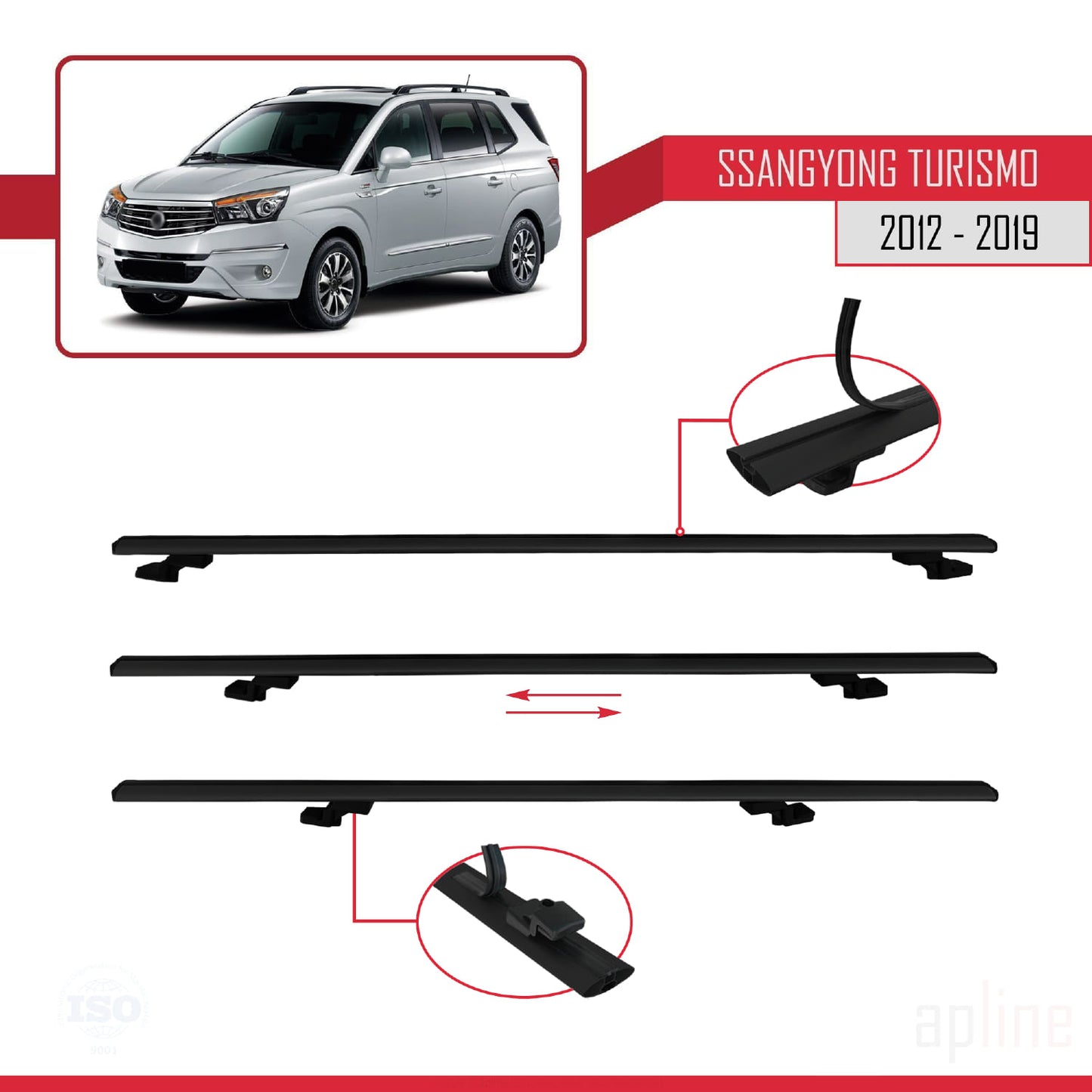 Compatible avec Ssangyong Turismo 2012-2019 BASIC Model Barres de Toit Railing Porte-Bagages de Voiture Noir Aluminium 2 Barres