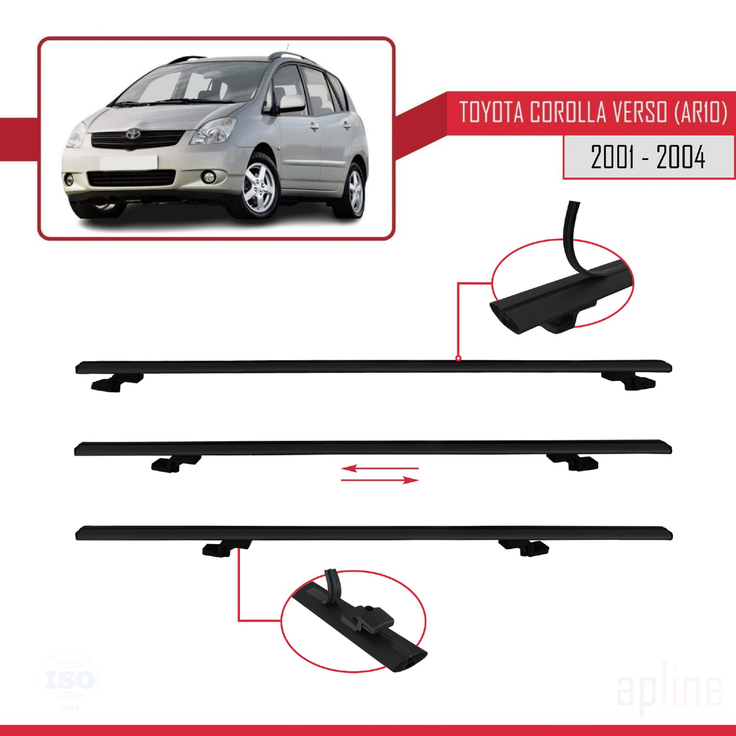 Compatible avec Toyota Corolla Verso (E120) 2001-2004 BASIC Model Barres de Toit Railing Porte-Bagages de Voiture Noir Aluminium 2 Barres