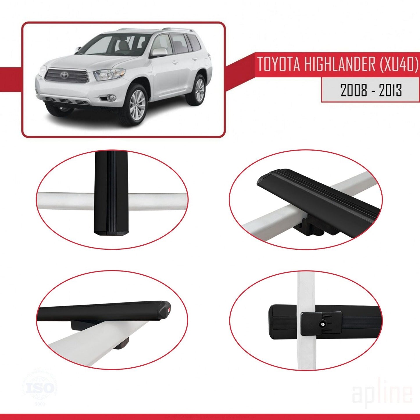 Compatible avec Toyota Highlander (XU40) 2008-2013 BASIC Model Barres de Toit Railing Porte-Bagages de Voiture Noir Aluminium 2 Barres