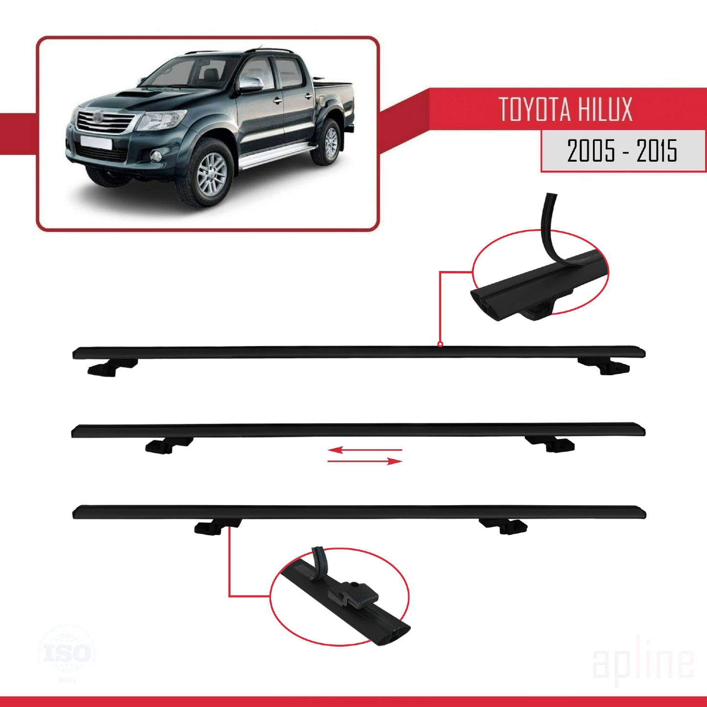 Compatible avec Toyota Hilux 7 (AN30) 2005-2015 BASIC Model Barres de Toit Railing Porte-Bagages de Voiture Noir Aluminium 3 Barres