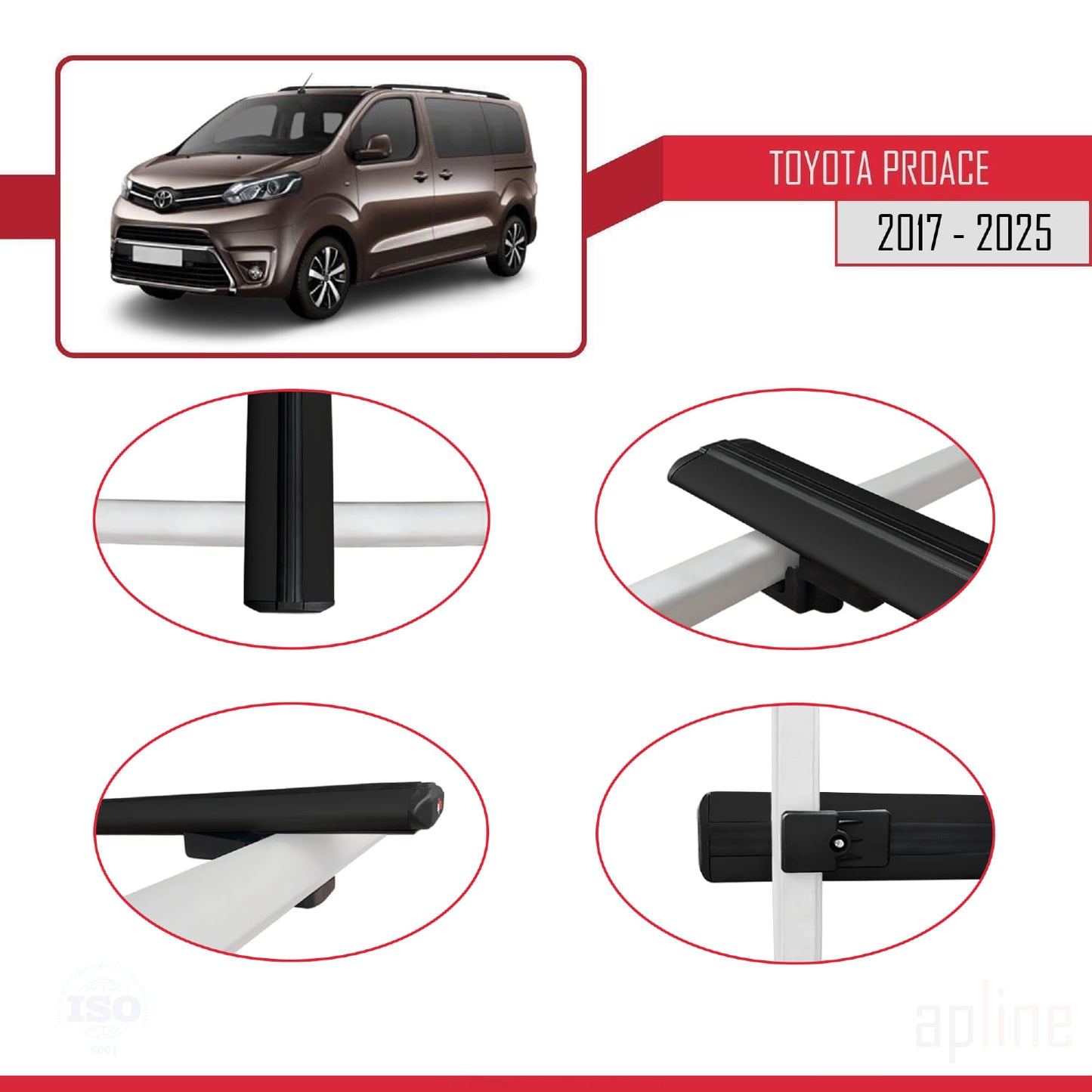 Compatible avec Toyota Proace 2017-2025 BASIC Model Barres de Toit Railing Porte-Bagages de Voiture Noir Aluminium 4 Barres
