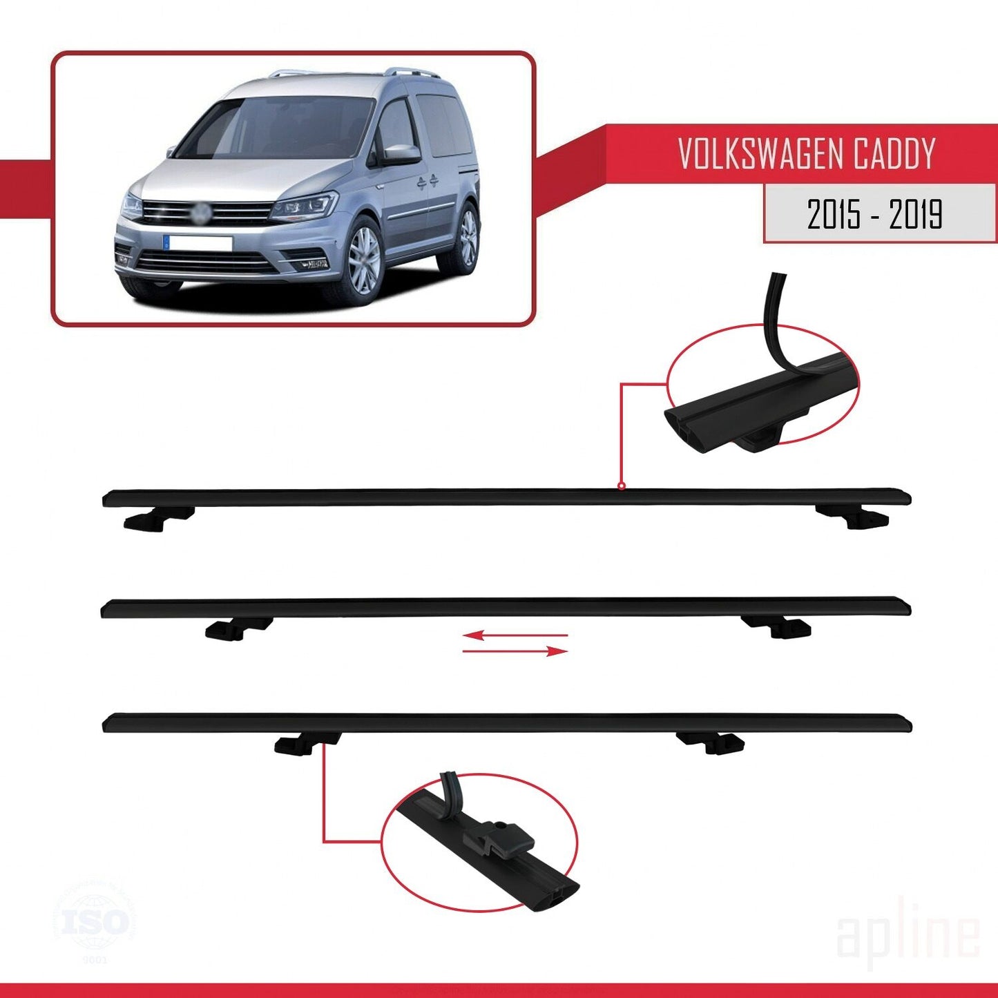 Compatible avec Volkswagen Caddy 3 (SA) 2015-2019 BASIC Model Barres de Toit Railing Porte-Bagages de Voiture Noir Aluminium 3 Barres