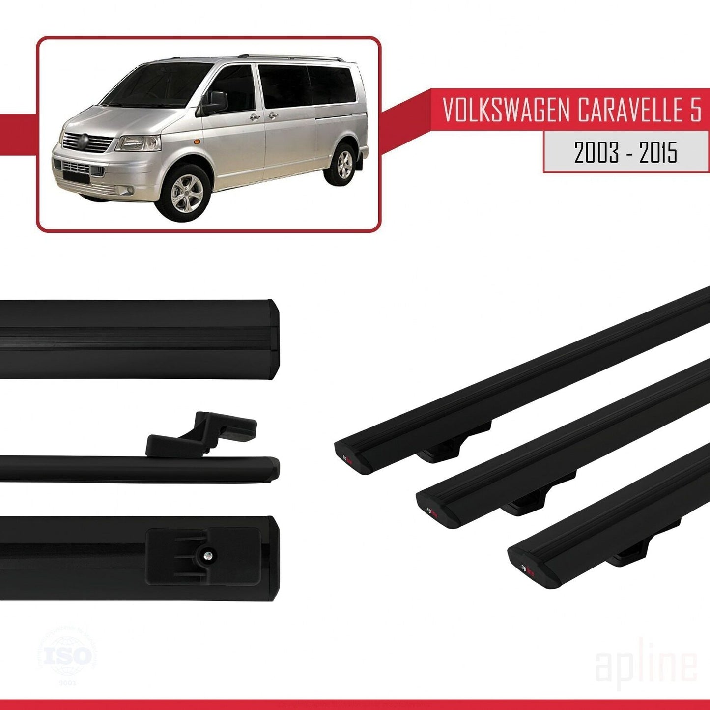 Compatible avec Volkswagen T5 Caravelle 2003-2015 BASIC Model Barres de Toit Railing Porte-Bagages de Voiture Noir Aluminium 3 Barres