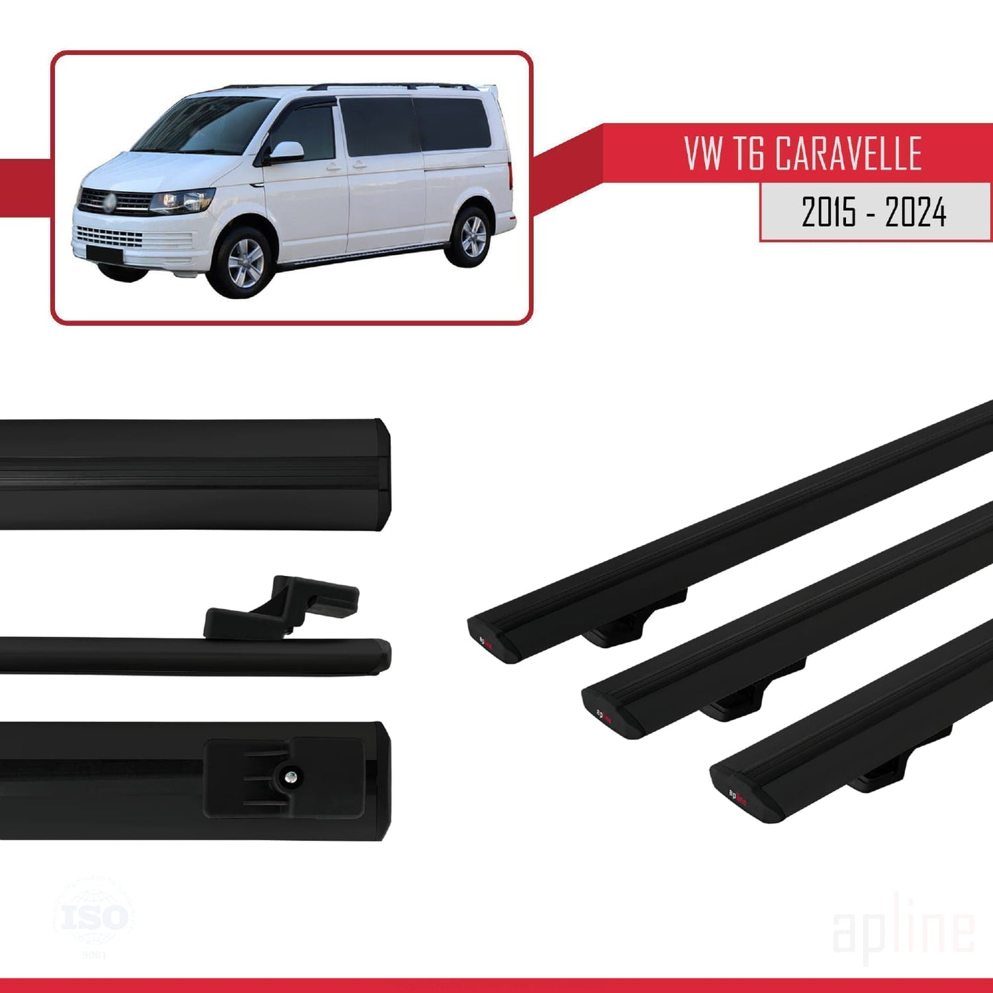 Compatible avec Volkswagen T6 Caravelle 2015-2024 BASIC Model Barres de Toit Railing Porte-Bagages de Voiture Noir Aluminium 3 Barres