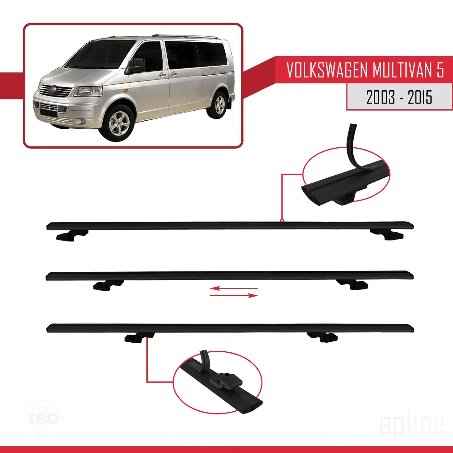 Compatible avec Volkswagen T5 Multivan 2003-2015 BASIC Model Barres de Toit Railing Porte-Bagages de Voiture Noir Aluminium 4 Barres