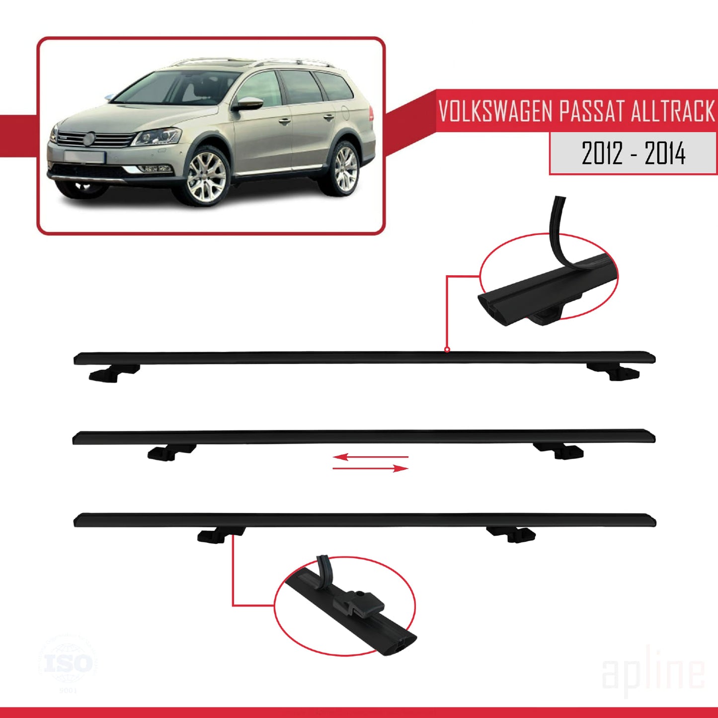 Compatible avec Volkswagen Passat B7 (3C) Alltrack 2012-2014 BASIC Model Barres de Toit Railing Porte-Bagages de Voiture Noir Aluminium 2 Barres
