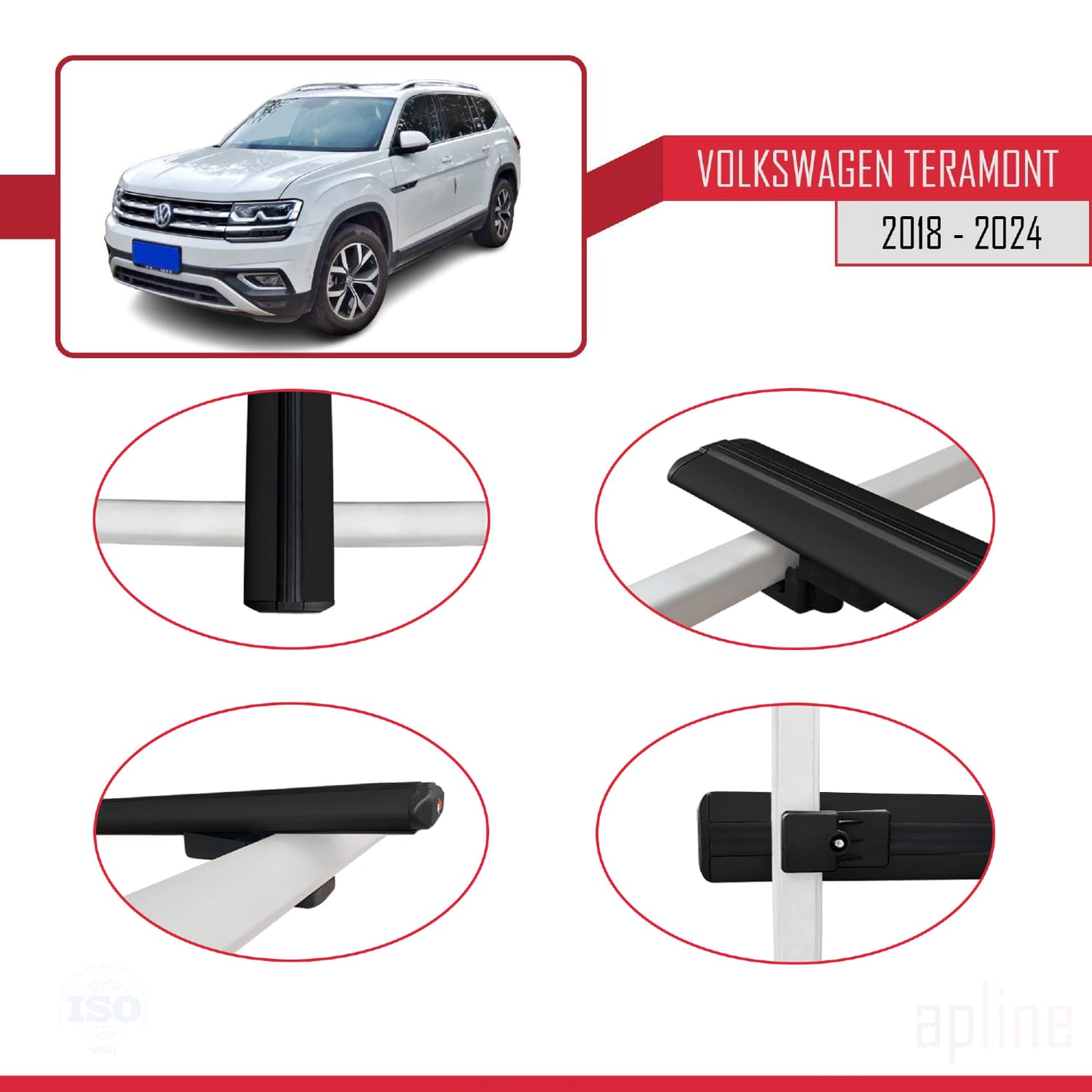 Compatible with Volkswagen Teramont (CA1) 2018-2024 BASIC Model Car Roof Rack Cross Bar Black Aluminium 3 Bars