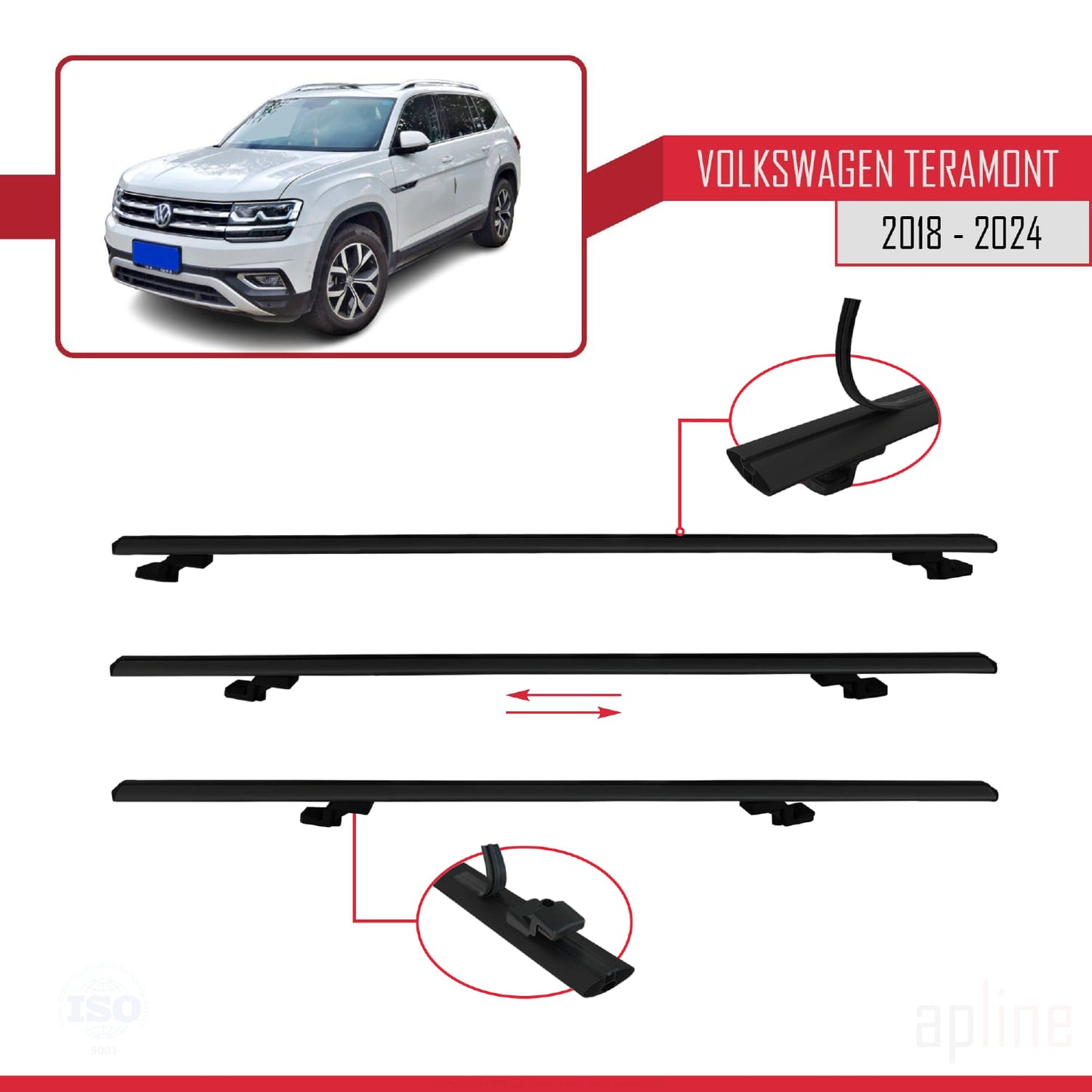 Compatible with Volkswagen Teramont (CA1) 2018-2024 BASIC Model Car Roof Rack Cross Bar Black Aluminium 3 Bars