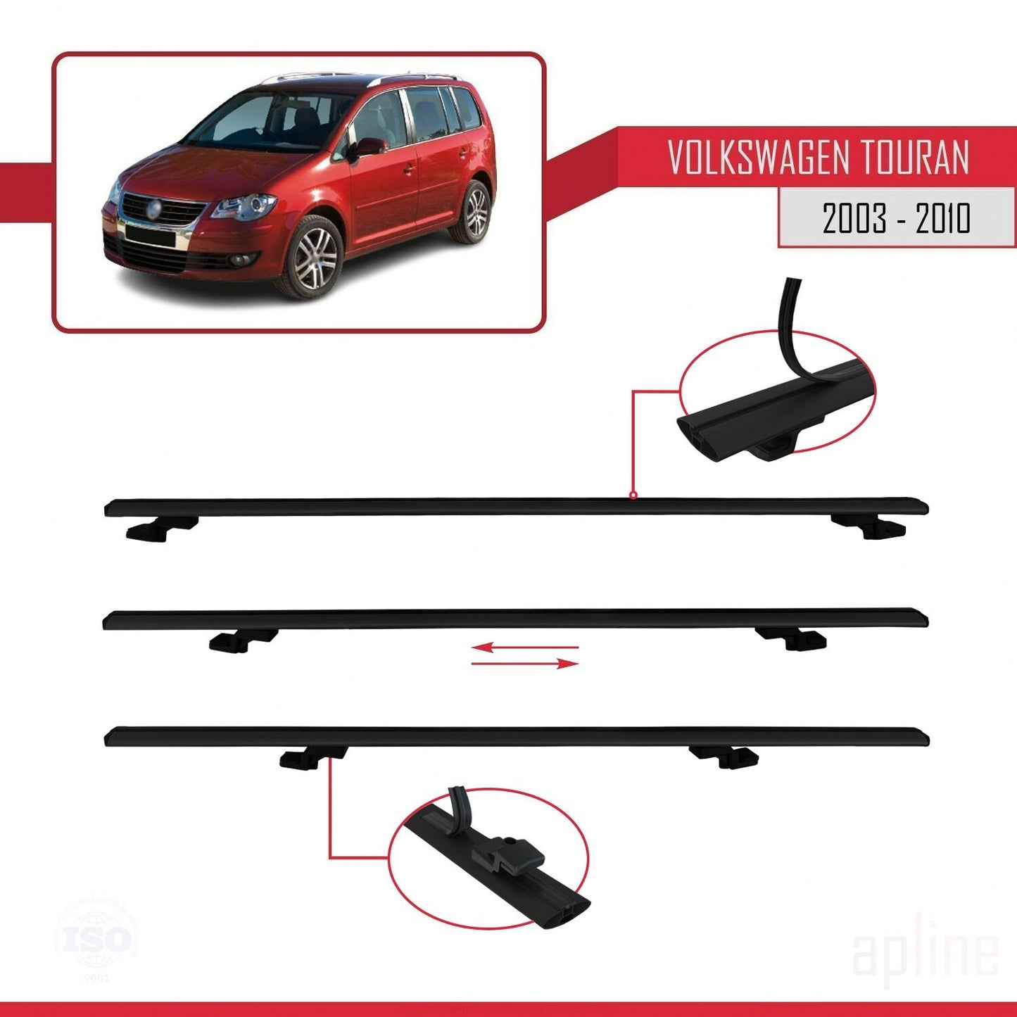 Compatible with Volkswagen Touran (1T) Pre-Facelift 2003-2010 BASIC Model Car Roof Rack Cross Bar Black Aluminium 3 Bars